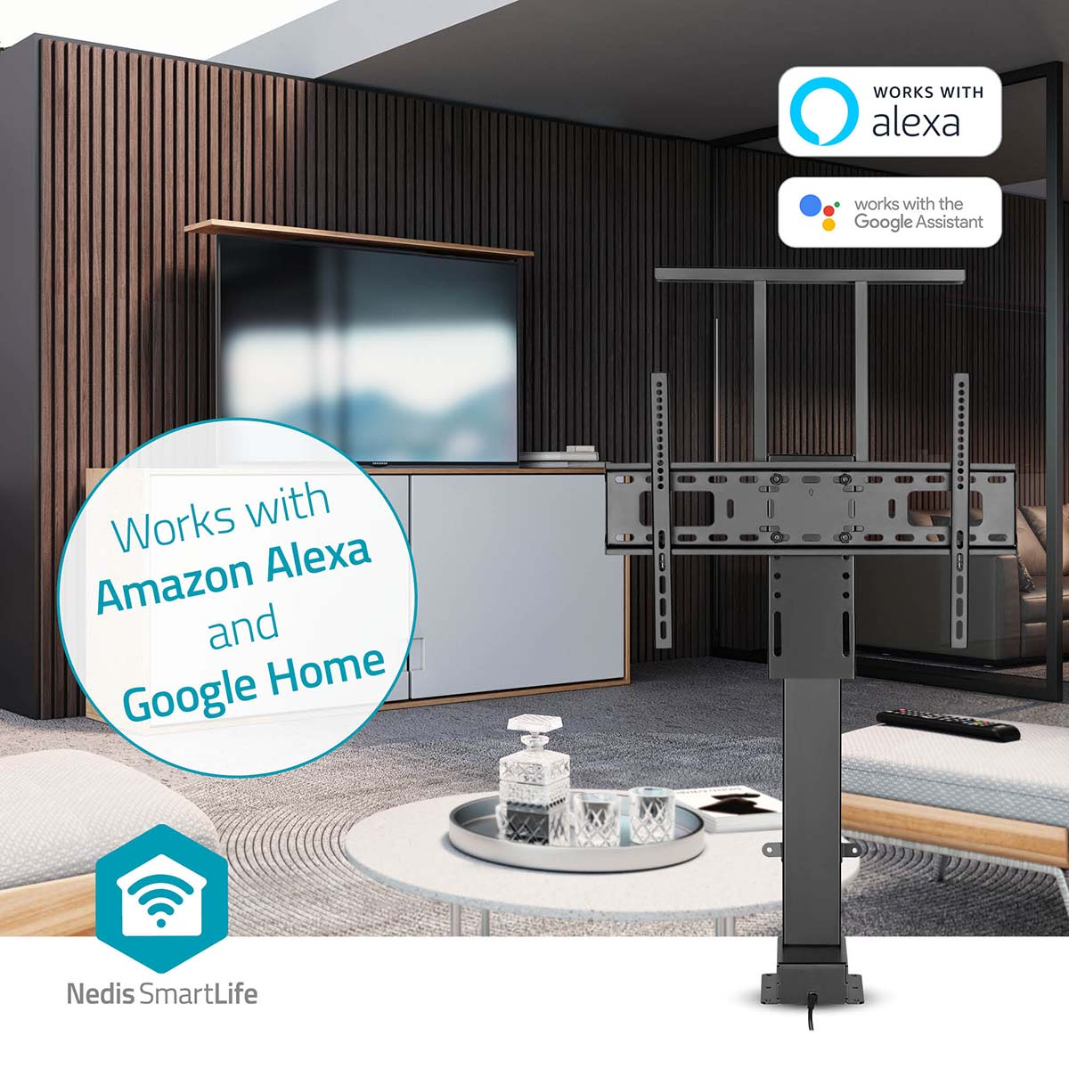 Ein freistehender TV-Ständer mit Halterung, kompatibel mit Alexa und Google.