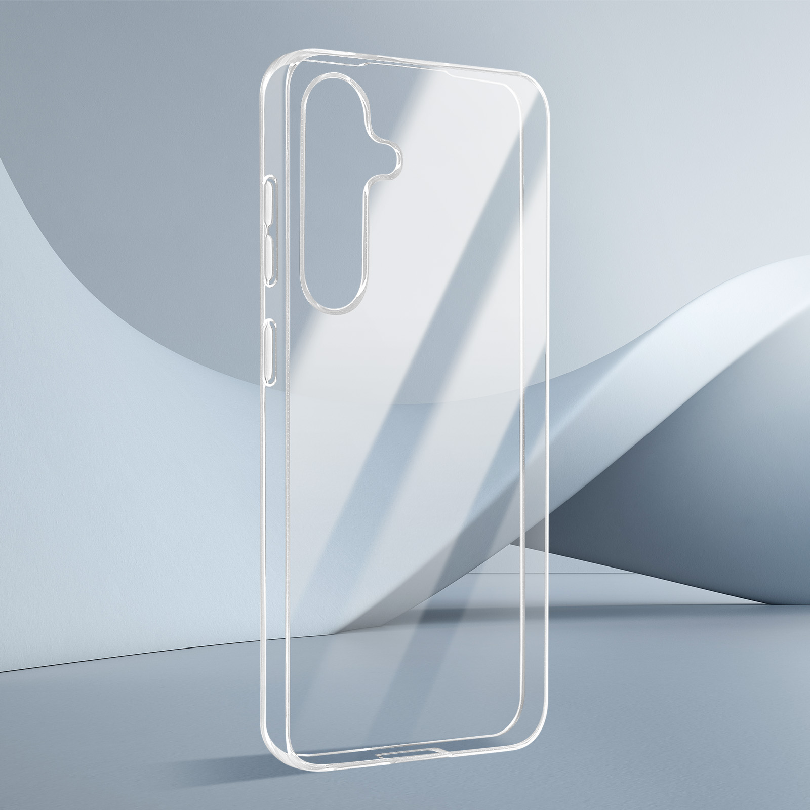 Una custodia trasparente per telefono viene mostrata con uno sfondo azzurro.