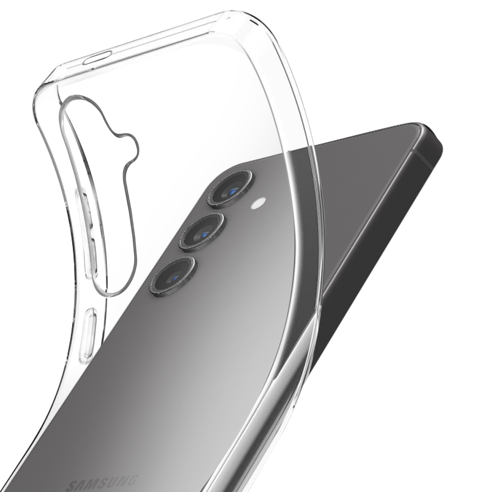 Una custodia trasparente per telefono su un telefono argentato. La custodia mostra le lenti della fotocamera del telefono.
