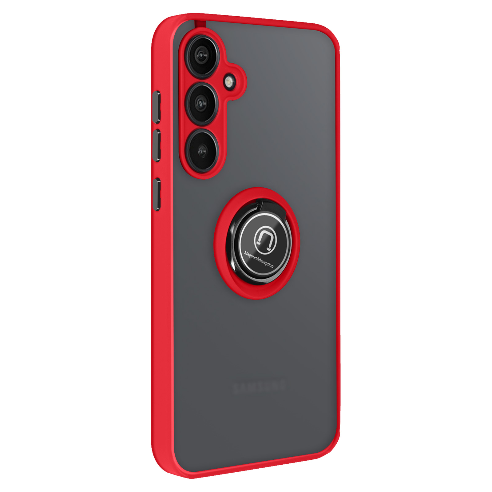 Una custodia per telefono grigia con cornice rossa e anello metallico sul retro.