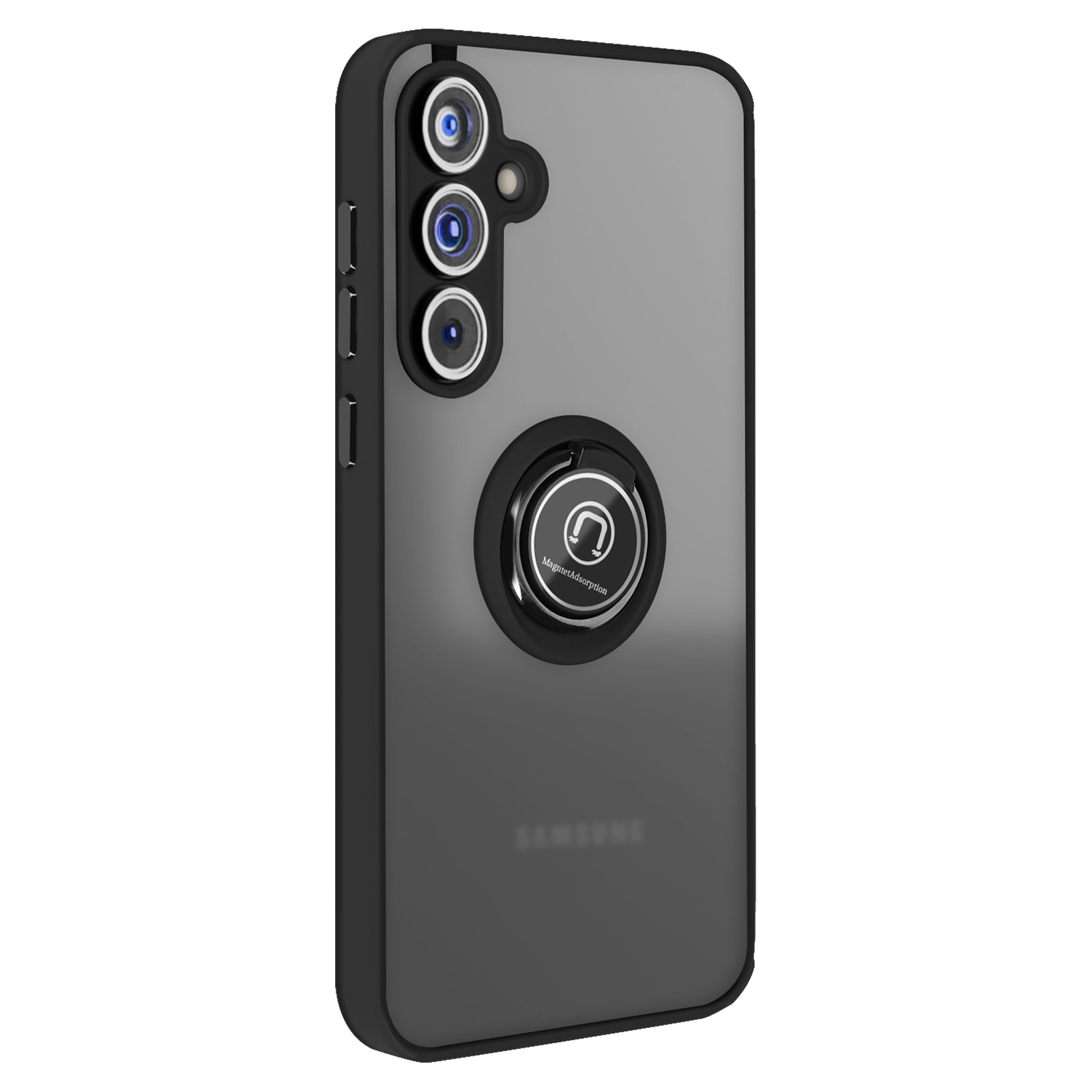 Una custodia per telefono con retro nero e anello di supporto.