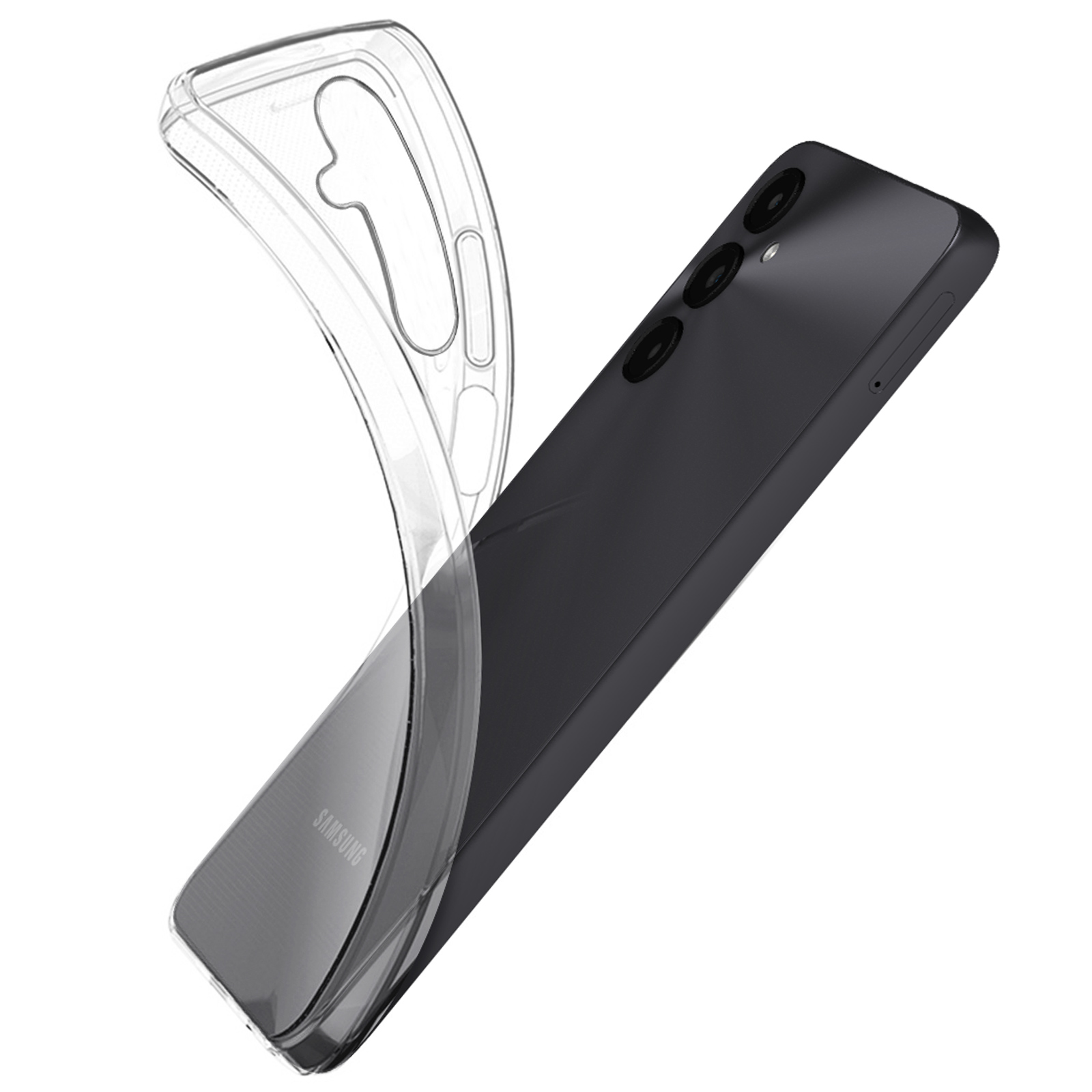 Custodia per telefono. Cover trasparente con bordo superiore curvo, che mostra il retro.