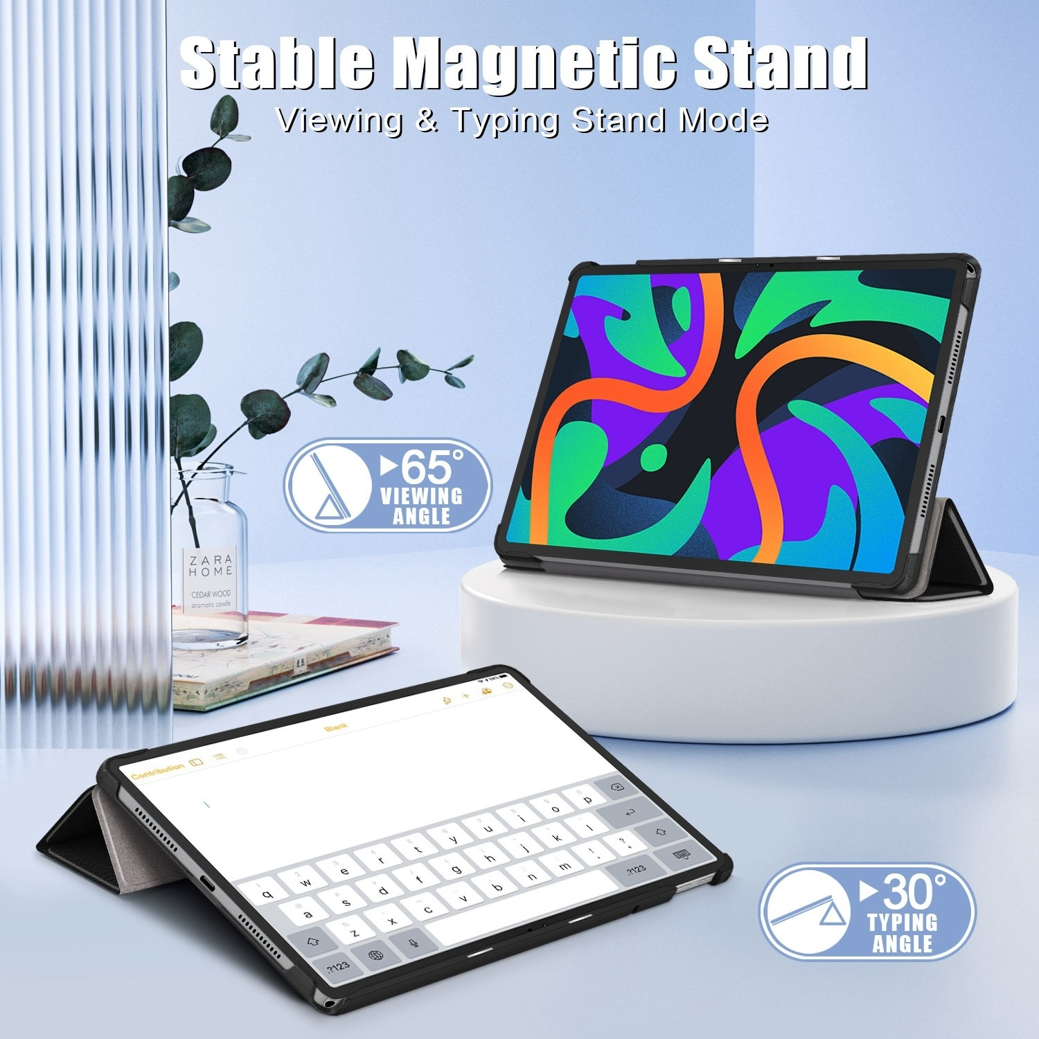 Tablets in schwarzen Hüllen, eines mit Tastatur geöffnet. Text: Stabiler magnetischer Ständer. Glas mit Pflanze hinten.