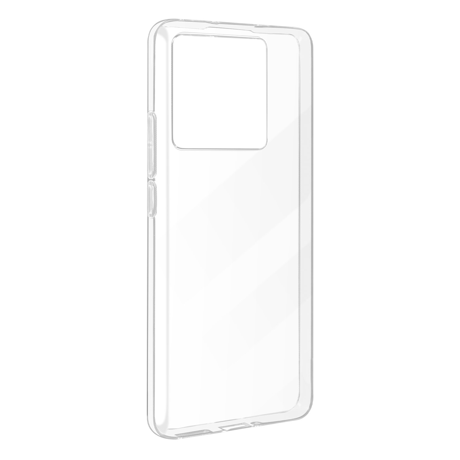 Custodia trasparente per telefono. Forma rettangolare con foro per la fotocamera. Sfondo bianco.