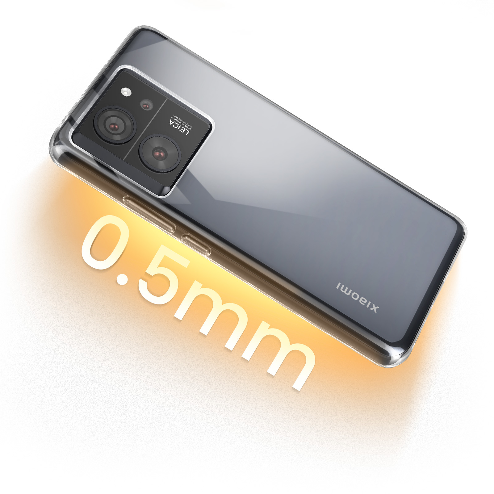 Smartphone con custodia trasparente. Testo 0,5 mm in bianco. Sfondo bianco con bagliore arancione.