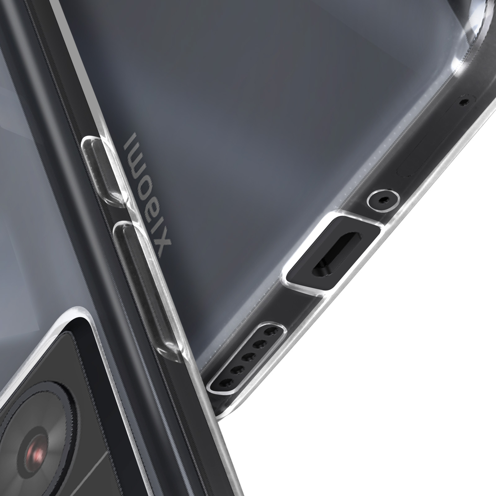 Primo piano di una custodia trasparente per telefono con logo Xiaomi e ritagli.
