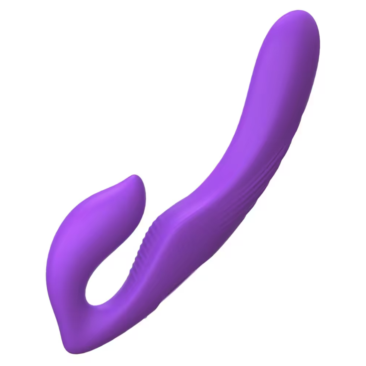 Juguete sexual morado sobre fondo blanco. Forma curva con superficie texturizada.