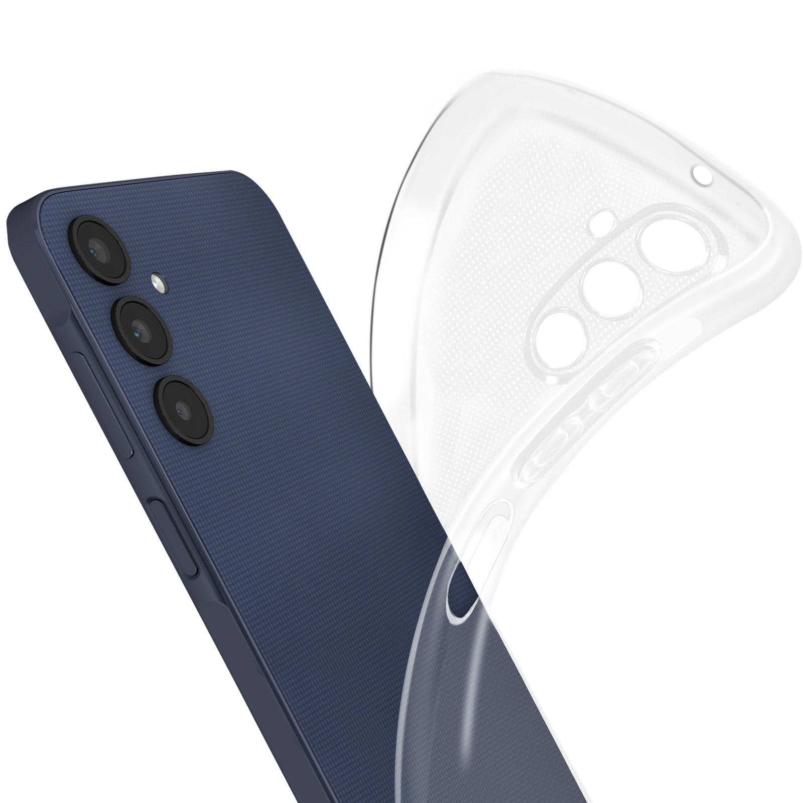 Un telefono blu è mostrato con una custodia trasparente che lo copre parzialmente, mostrando il retro del telefono.