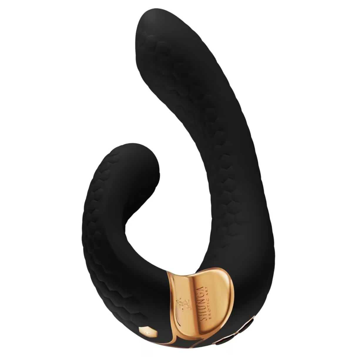Juguete sexual negro con detalles dorados. Tiene forma curva y superficie texturizada.
