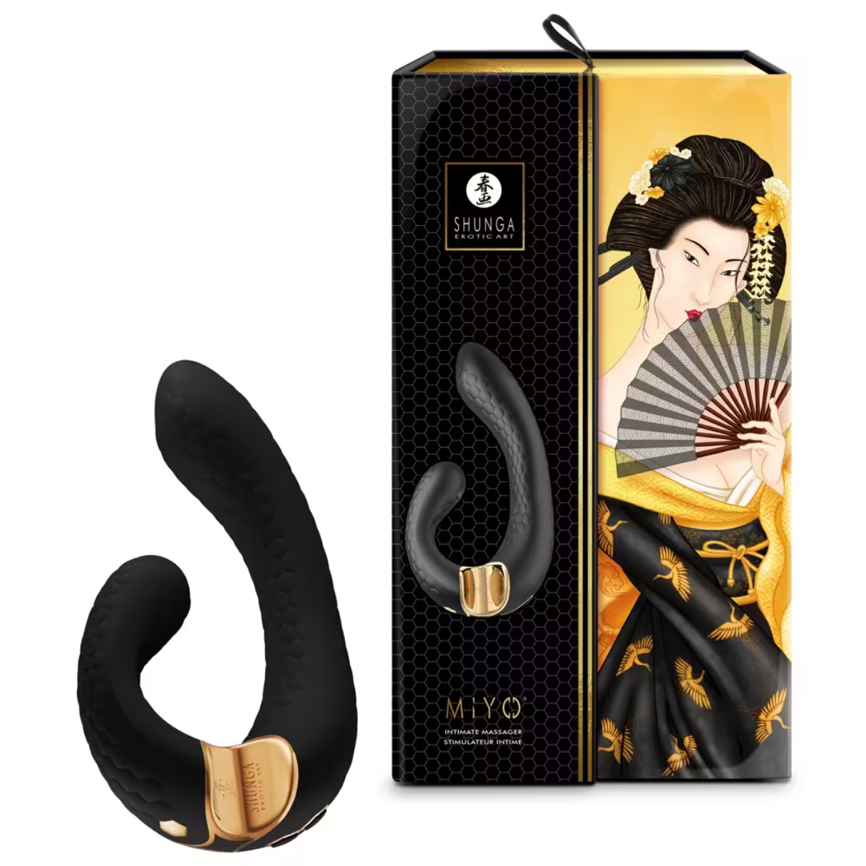 Juguete sexual negro con una caja con una ilustración de geisha, esquema de colores negro y dorado, fondo blanco.
