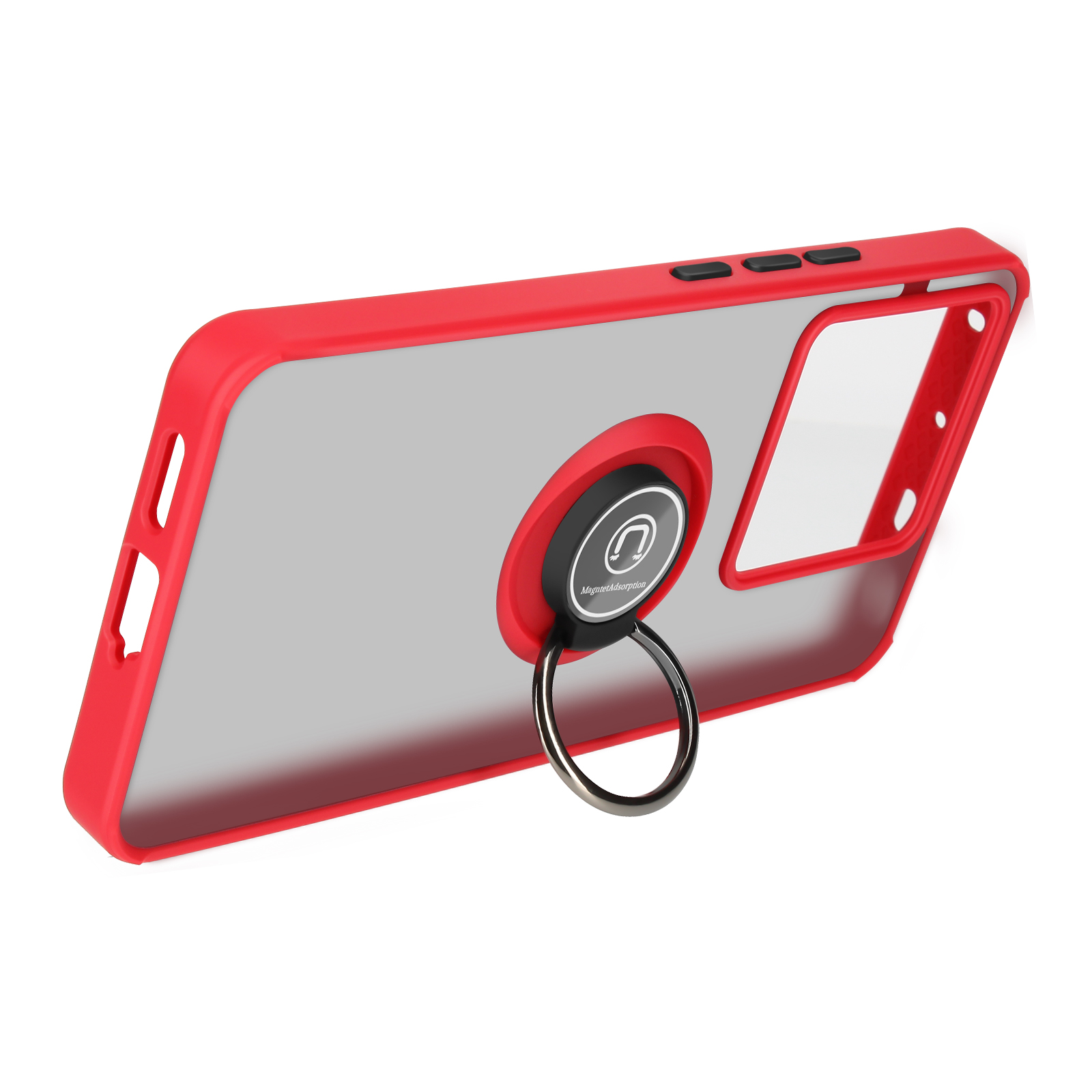 Custodia per telefono con cornice rossa e supporto ad anello sul retro. Sfondo bianco.