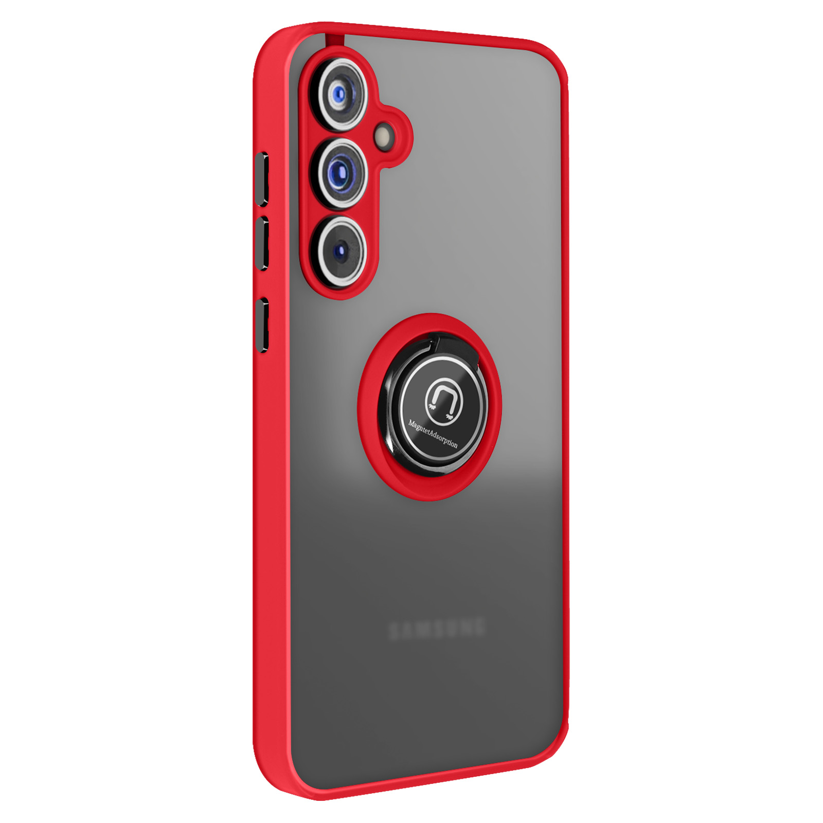 Una custodia per telefono con cornice rossa con un telefono nero all'interno e un supporto ad anello.