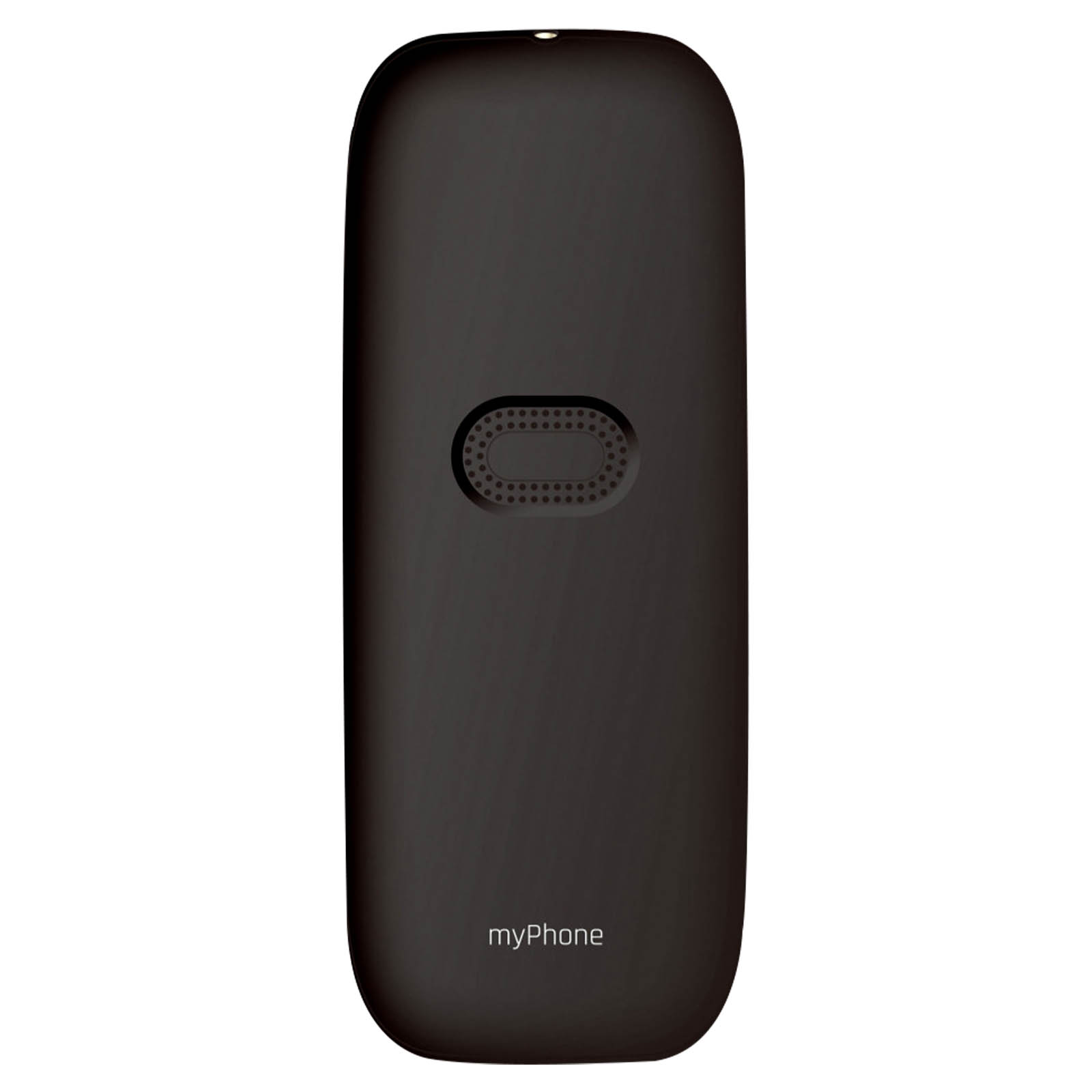 Ein schwarzes Telefon mit einem Lautsprecherloch. Das Wort 'myPhone' steht unten.