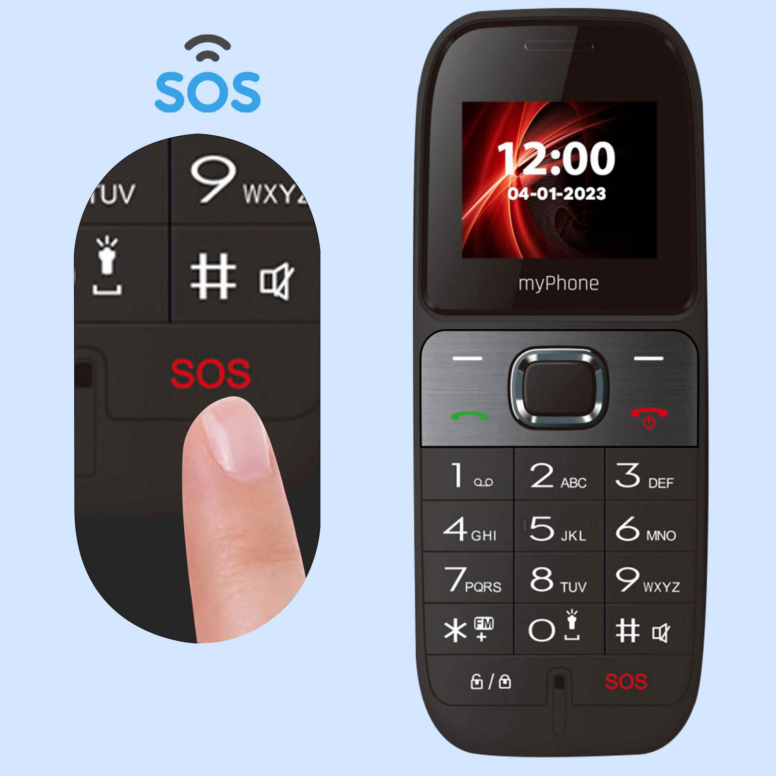 Ein roter Finger drückt die SOS-Taste auf einem schwarzen Mobiltelefon mit Bildschirm.