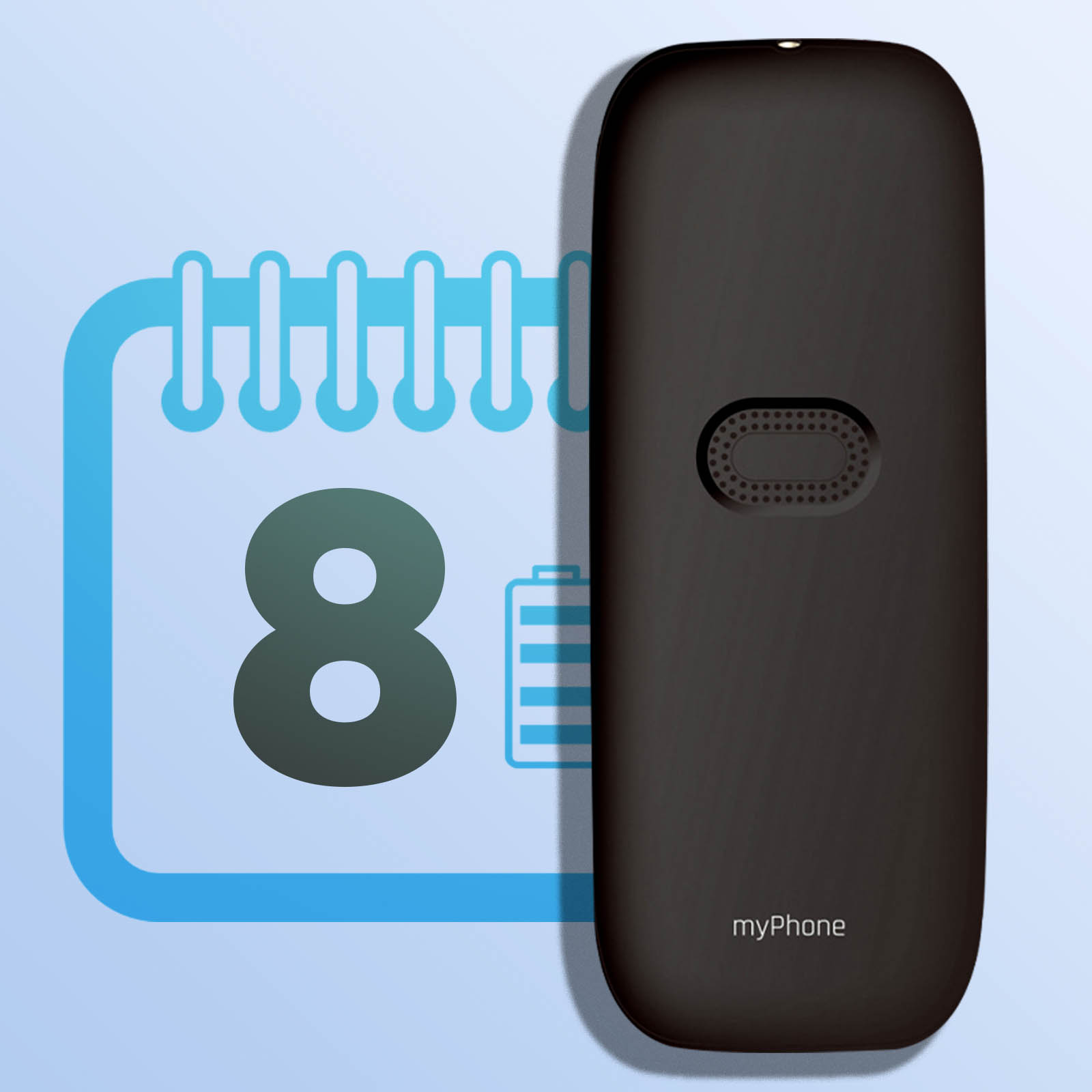 Schwarzes myPhone mit einem Kalender, der die Zahl 8 und ein Batteriesymbol zeigt.