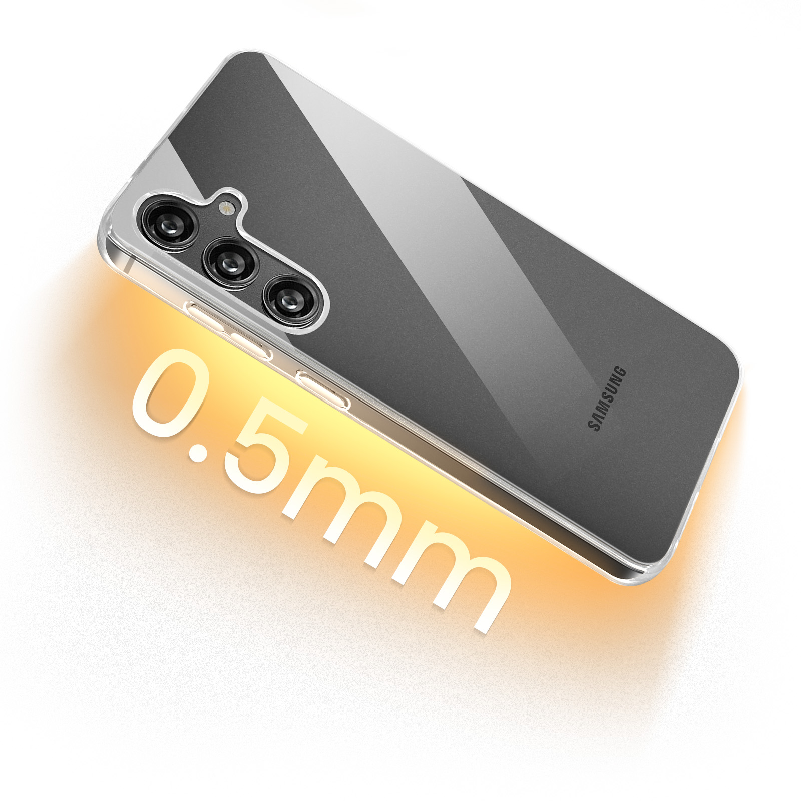Una custodia trasparente sopra un telefono. Il testo "0,5 mm" è visibile.