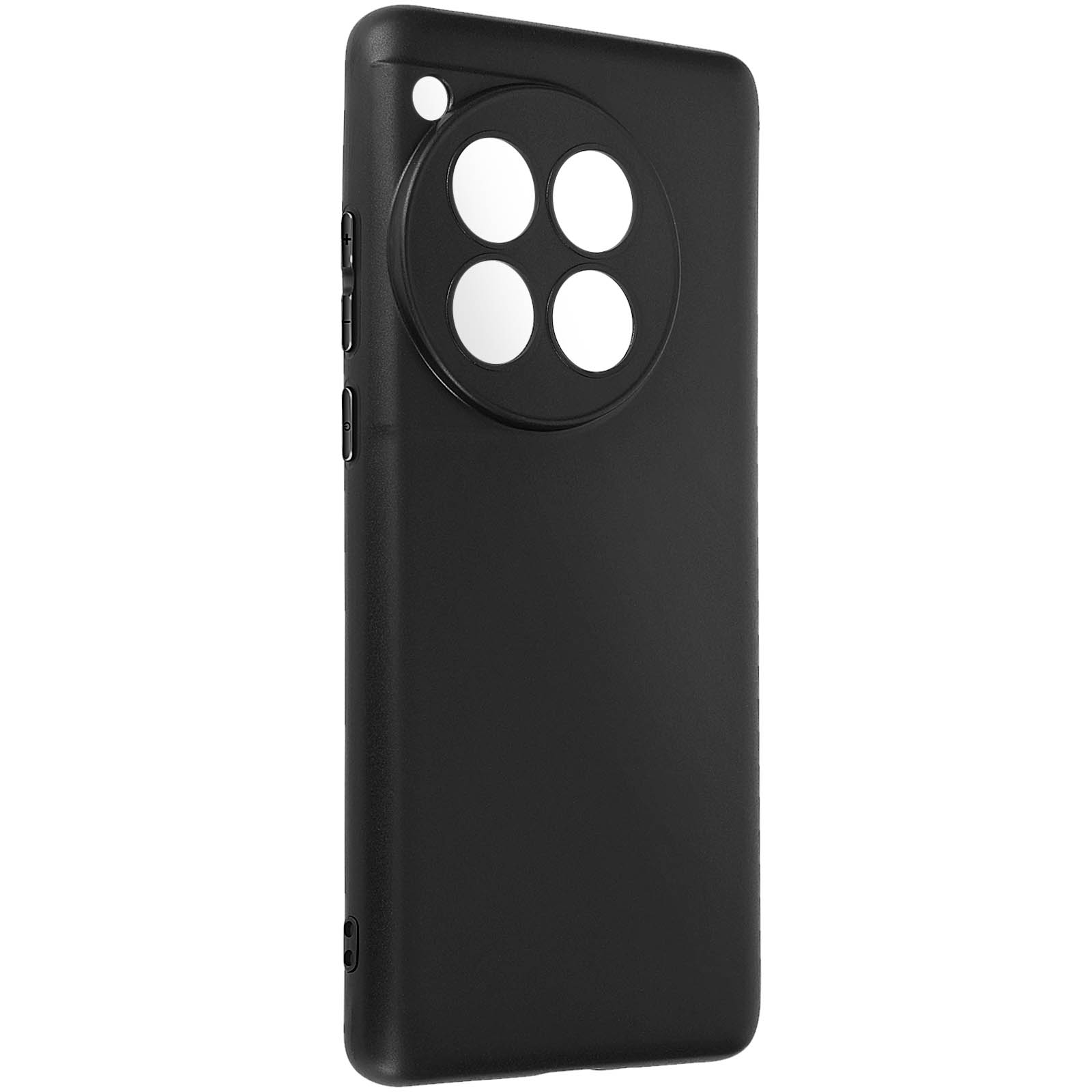 Custodia nera per telefono con modulo fotocamera circolare. Quattro cerchi bianchi.