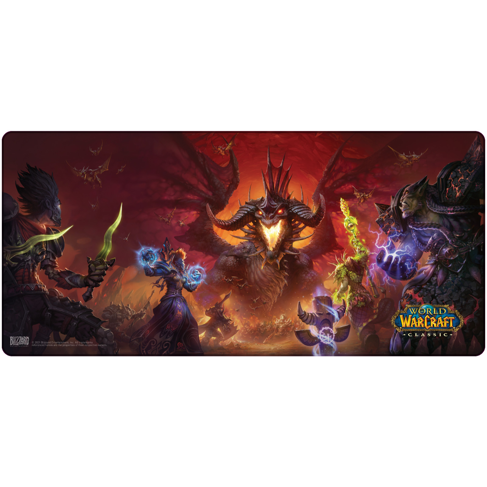 World of Warcraft Mauspad mit Charakteren und einem Drachen. Weißer Hintergrund.