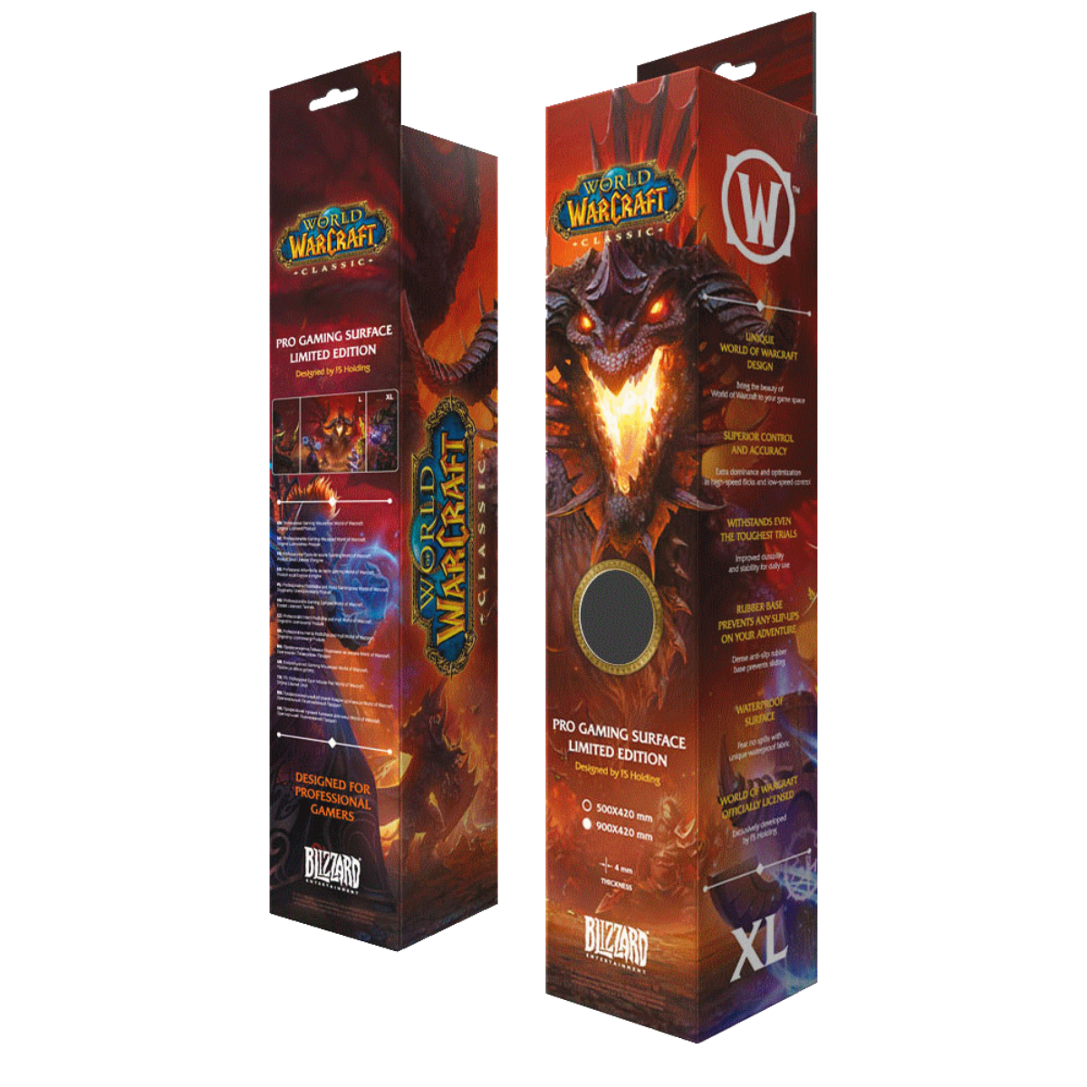 Zwei World of Warcraft Mauspad-Kartons, die das Artwork und Branding des Spiels zeigen. Vertikale Ansicht.