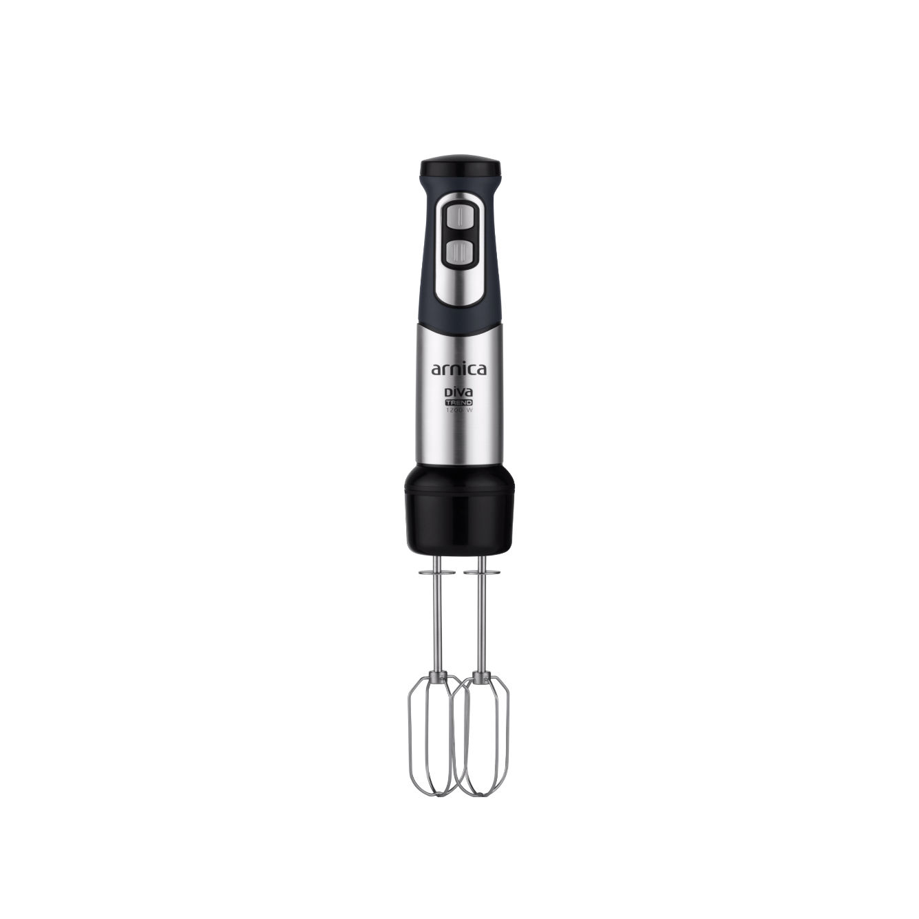Arnica Diva Handmixer mit zwei verschiedenen Schneebesen, metallisch und schwarz.