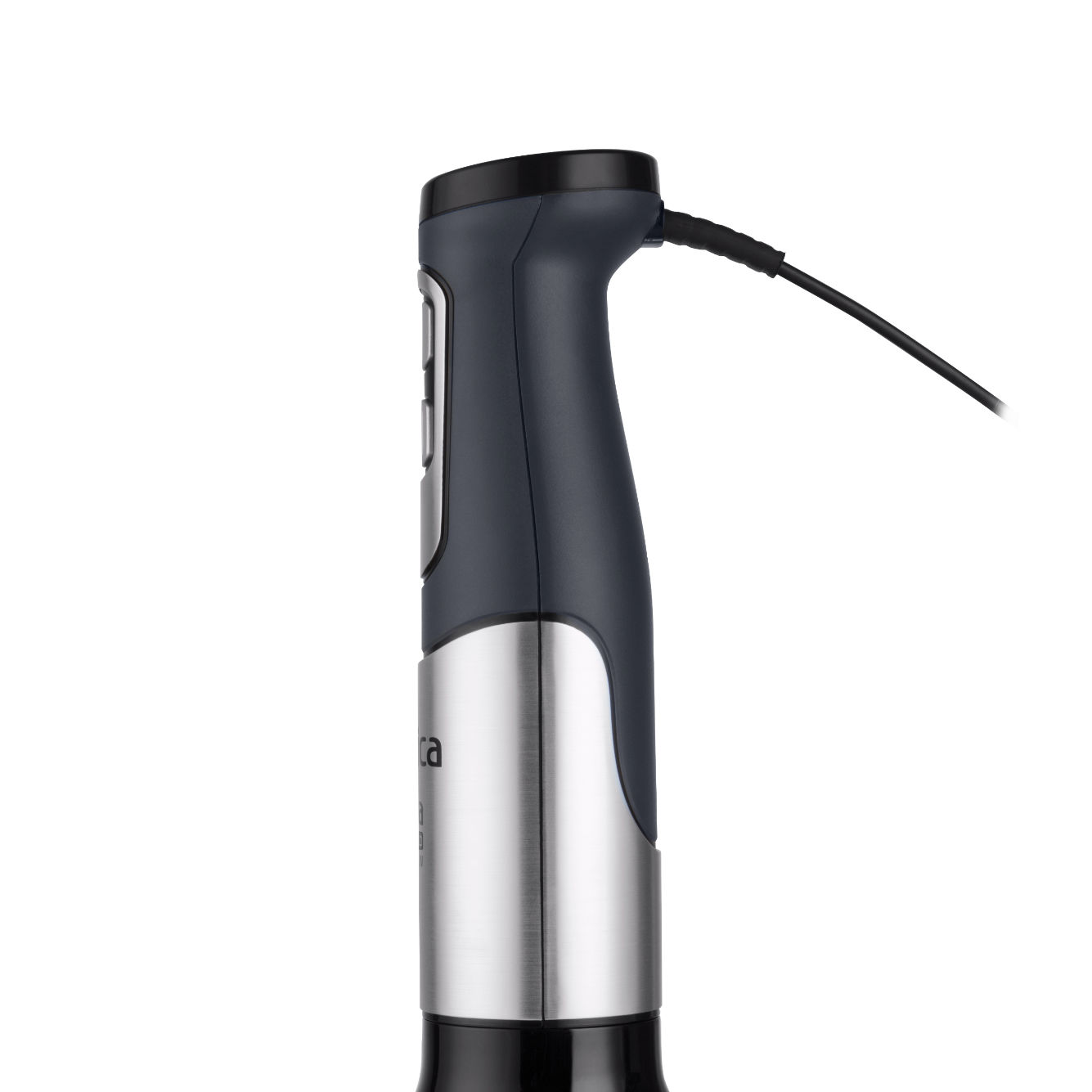 Ein schwarzer und silberner Stabmixer mit Kabel. Der Markenname ist sichtbar.
