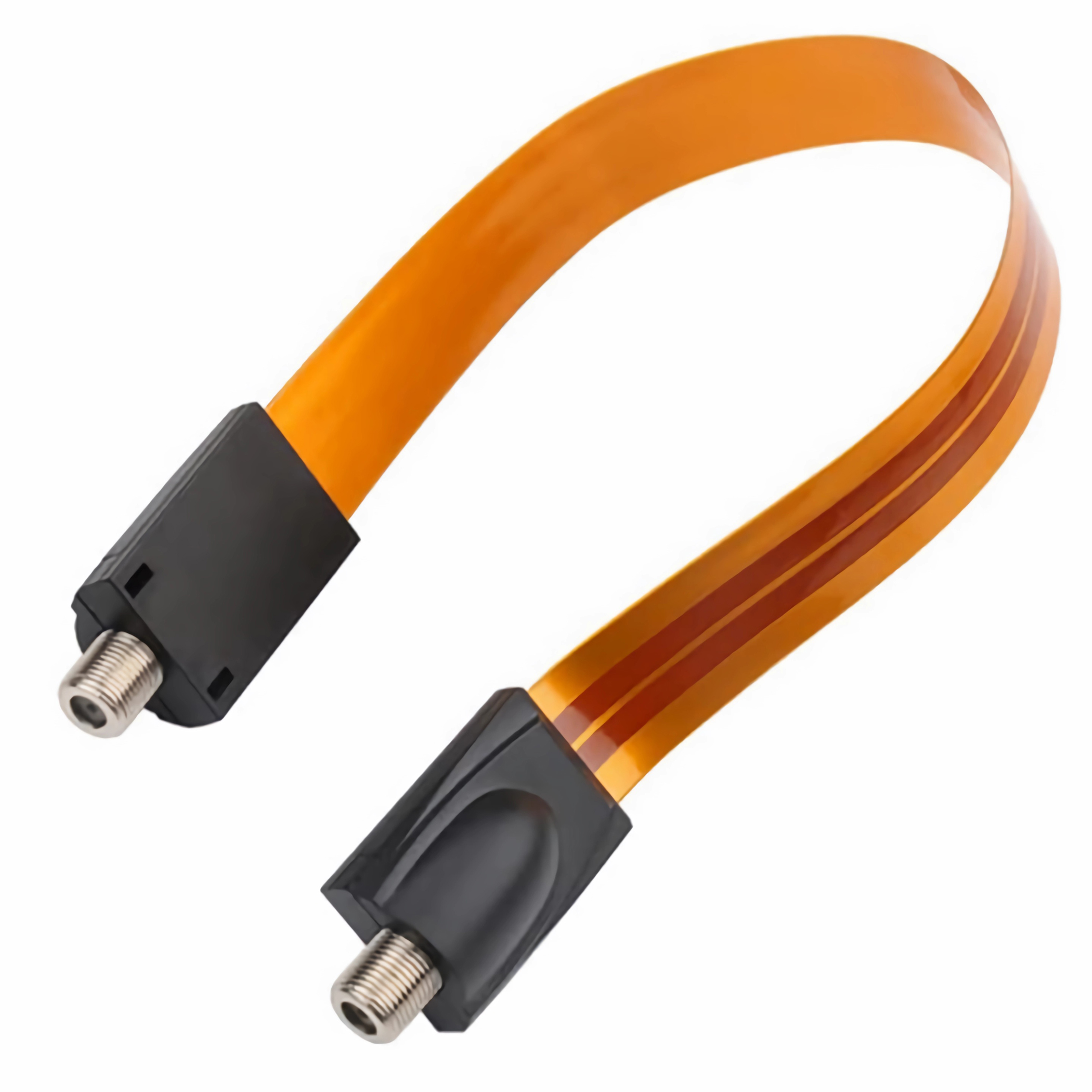 Ein orangefarbenes und schwarzes Flachkabel mit Steckern an beiden Enden.
