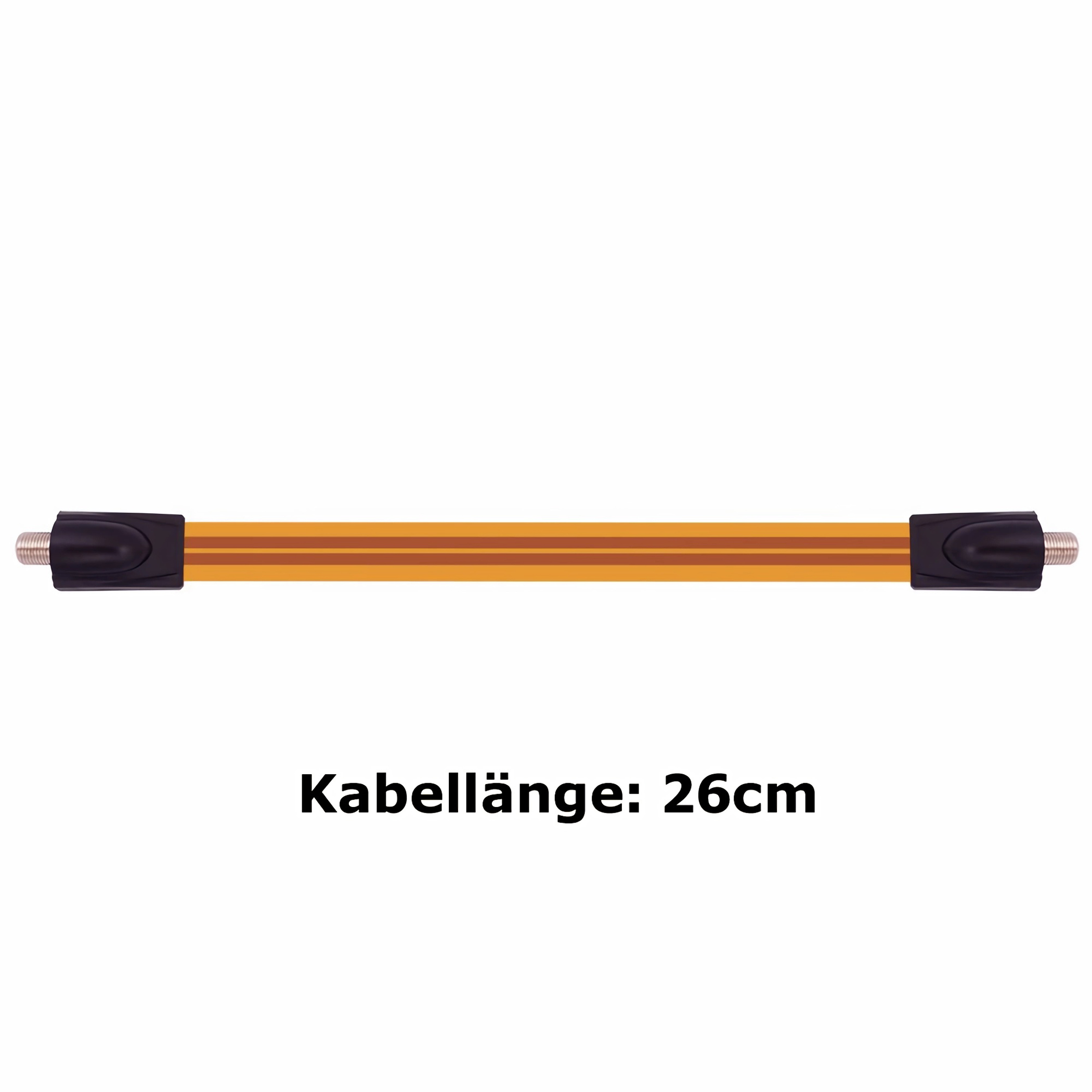Gelb-schwarzes Kabel mit Steckern an jedem Ende. Text lautet: 'Kabellänge: 26cm'.