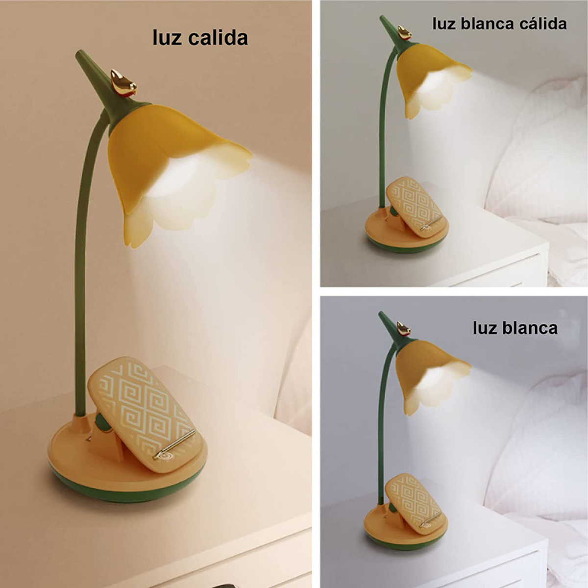 Drei Bilder einer gelb-weißen Blumenlampe auf einem Nachttisch, bei unterschiedlichem Licht.