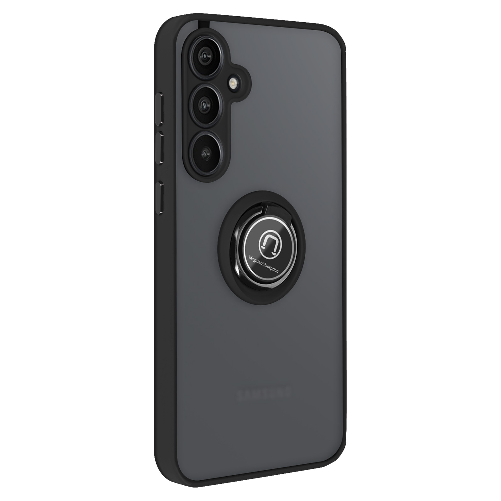 Custodia nera per telefono con supporto ad anello magnetico sul retro.