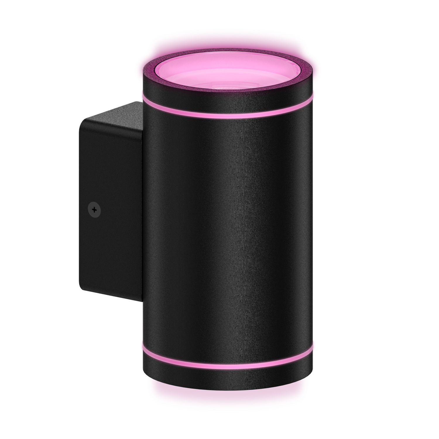 Una lampada da parete nera con luce rosa che emette dall'alto e dal basso. Il muro è bianco.