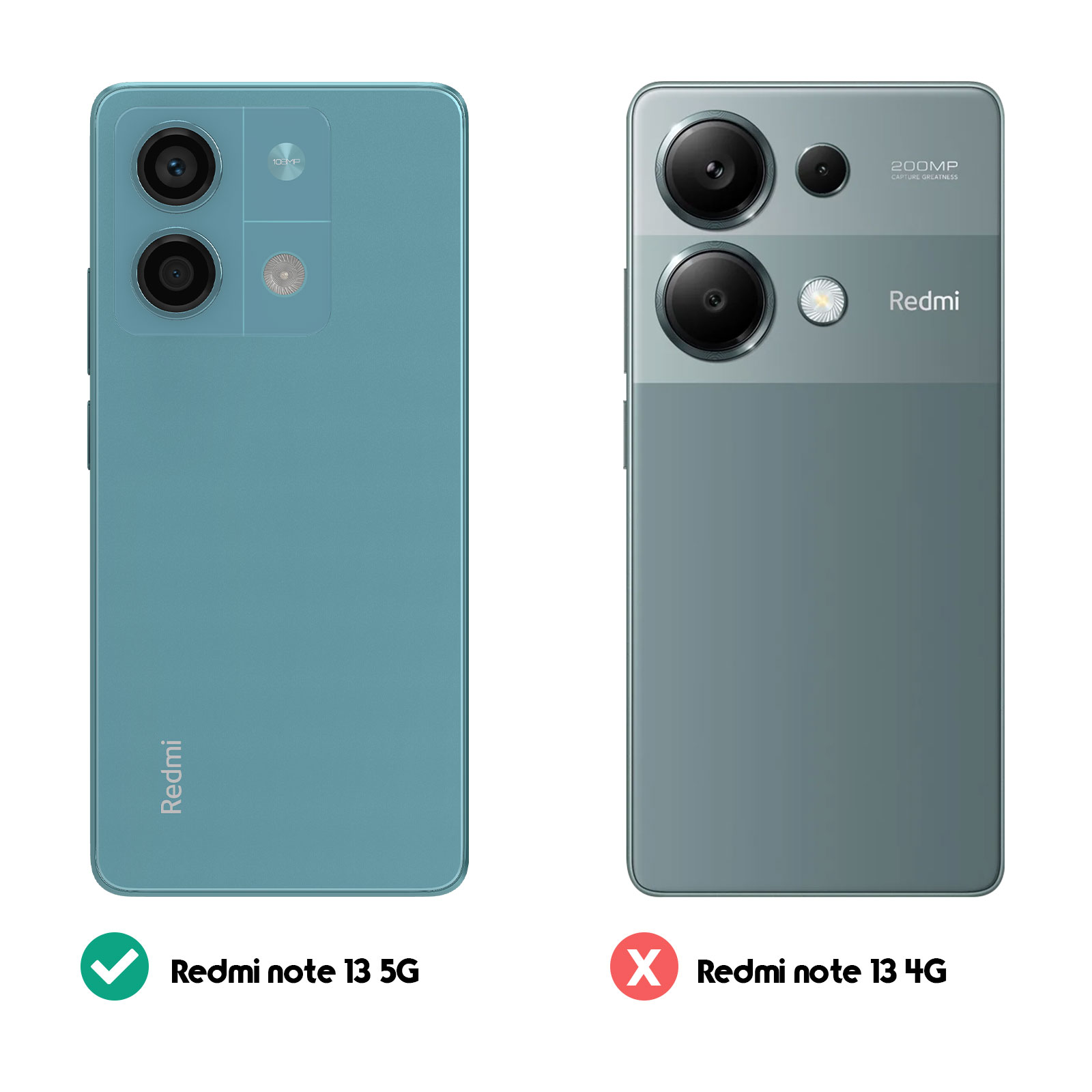 Due telefoni: Redmi note 13 5G (corretto) e Redmi note 13 4G (scorretto).