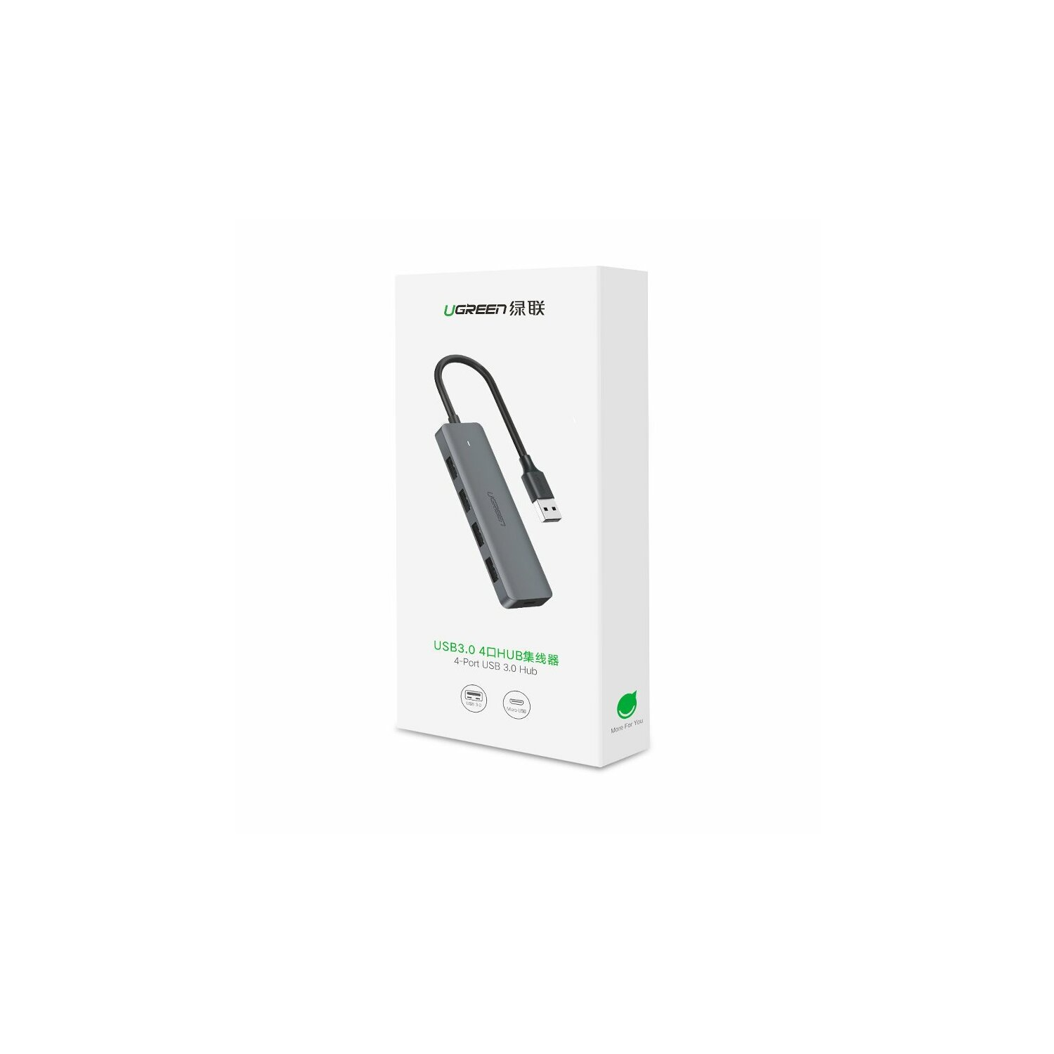 Hub USB 3.0 Ugreen in una scatola bianca, con l'hub e il cavo visibili.