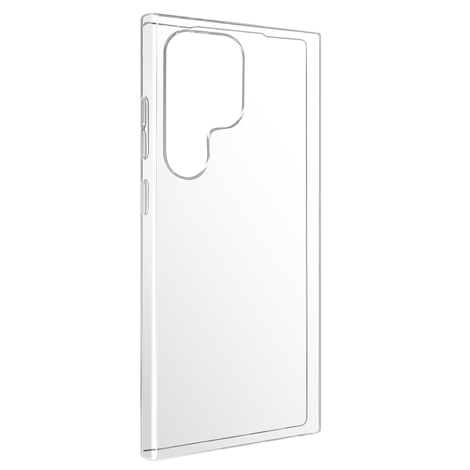 Una custodia trasparente per telefono, che mostra i ritagli della fotocamera e dei pulsanti, con sfondo bianco.