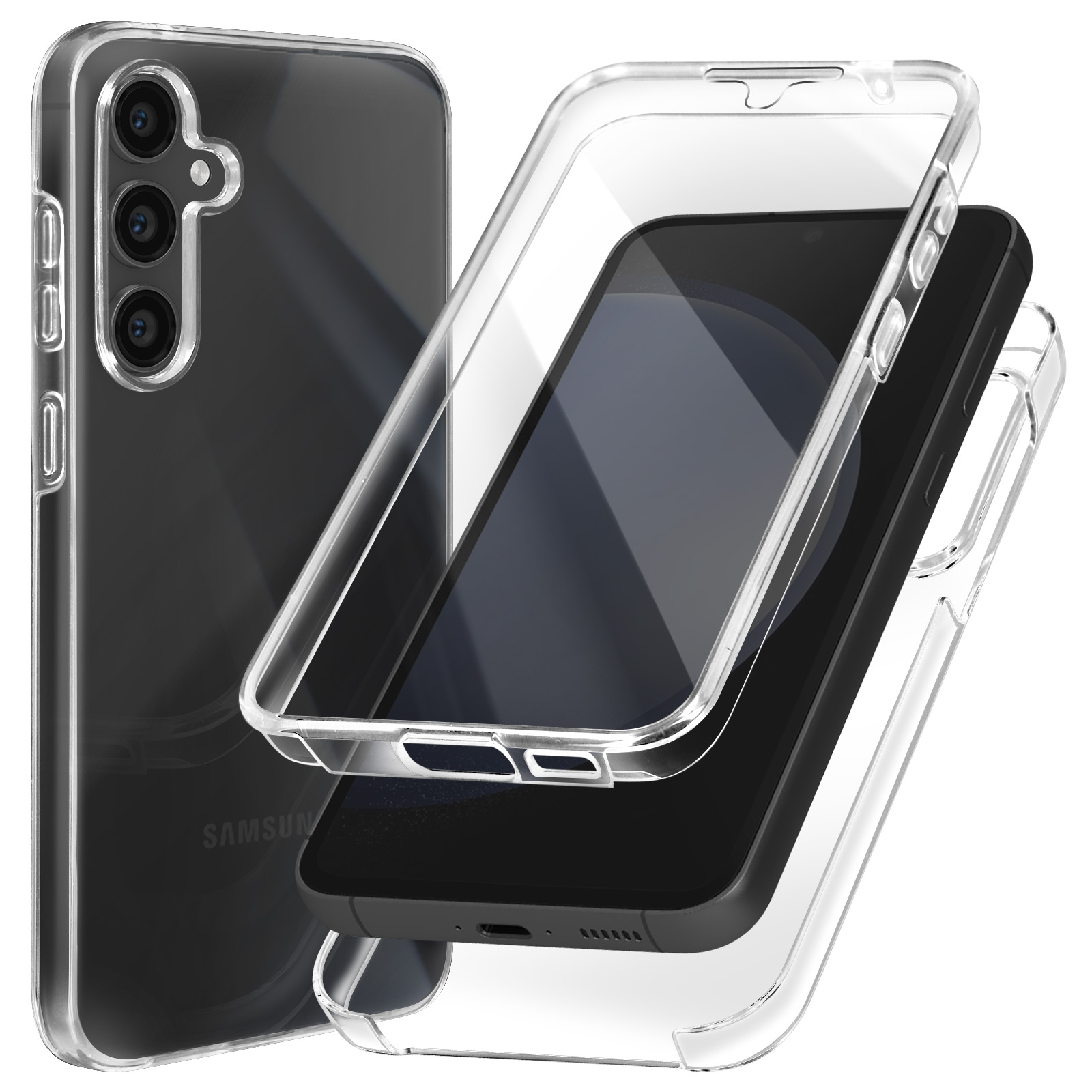 Custodia trasparente per telefono con telefono. Una custodia trasparente protegge il telefono da tutti i lati.