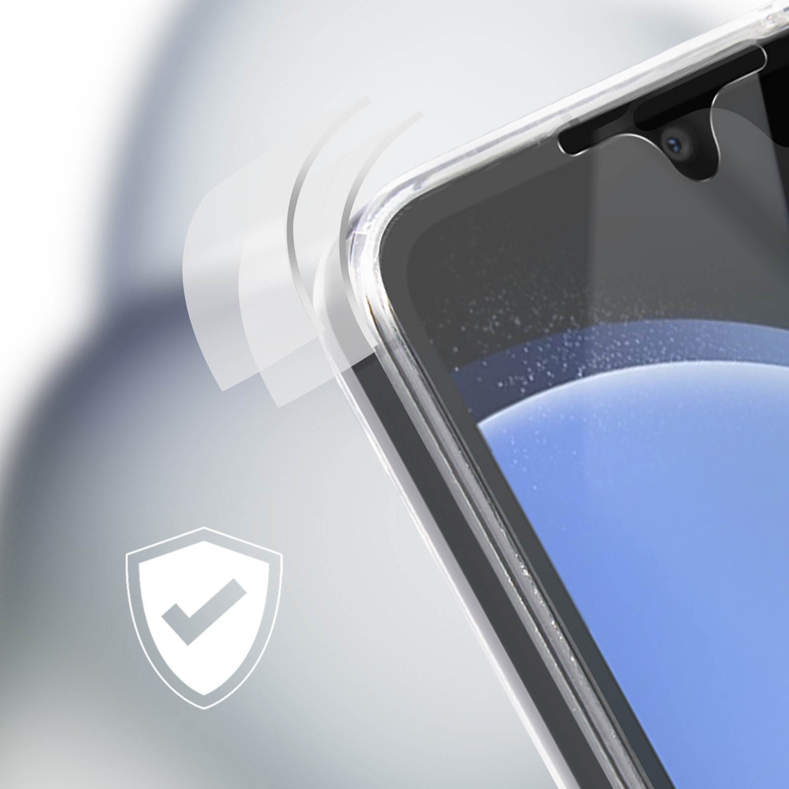 Un telefono con una protezione per lo schermo applicata. Un'icona a scudo con un segno di spunta simboleggia la protezione.