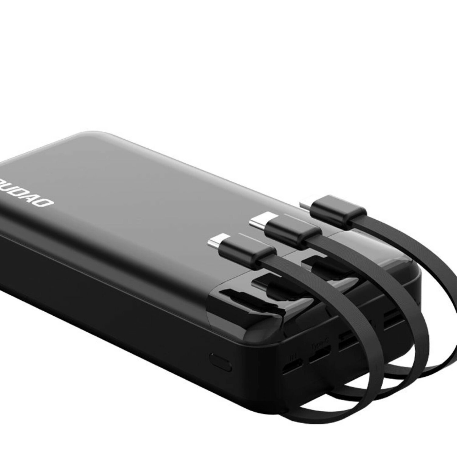 Czarny power bank z 3 kablami USB. Czarny i szary. Białe tło.