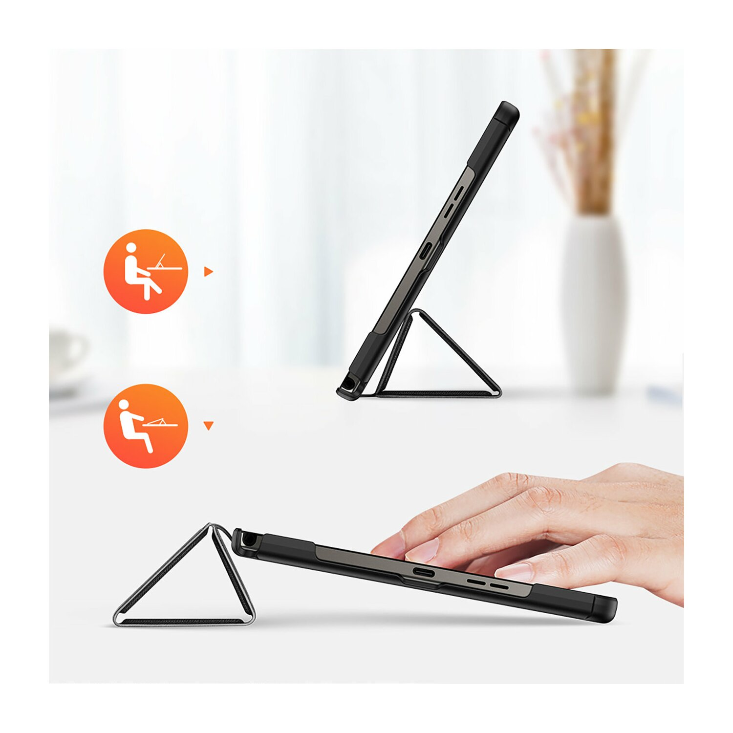 Ein Handycase mit Ständer wird in zwei Positionen gezeigt. Diagramme zeigen Sitz- und Tipppositionen.