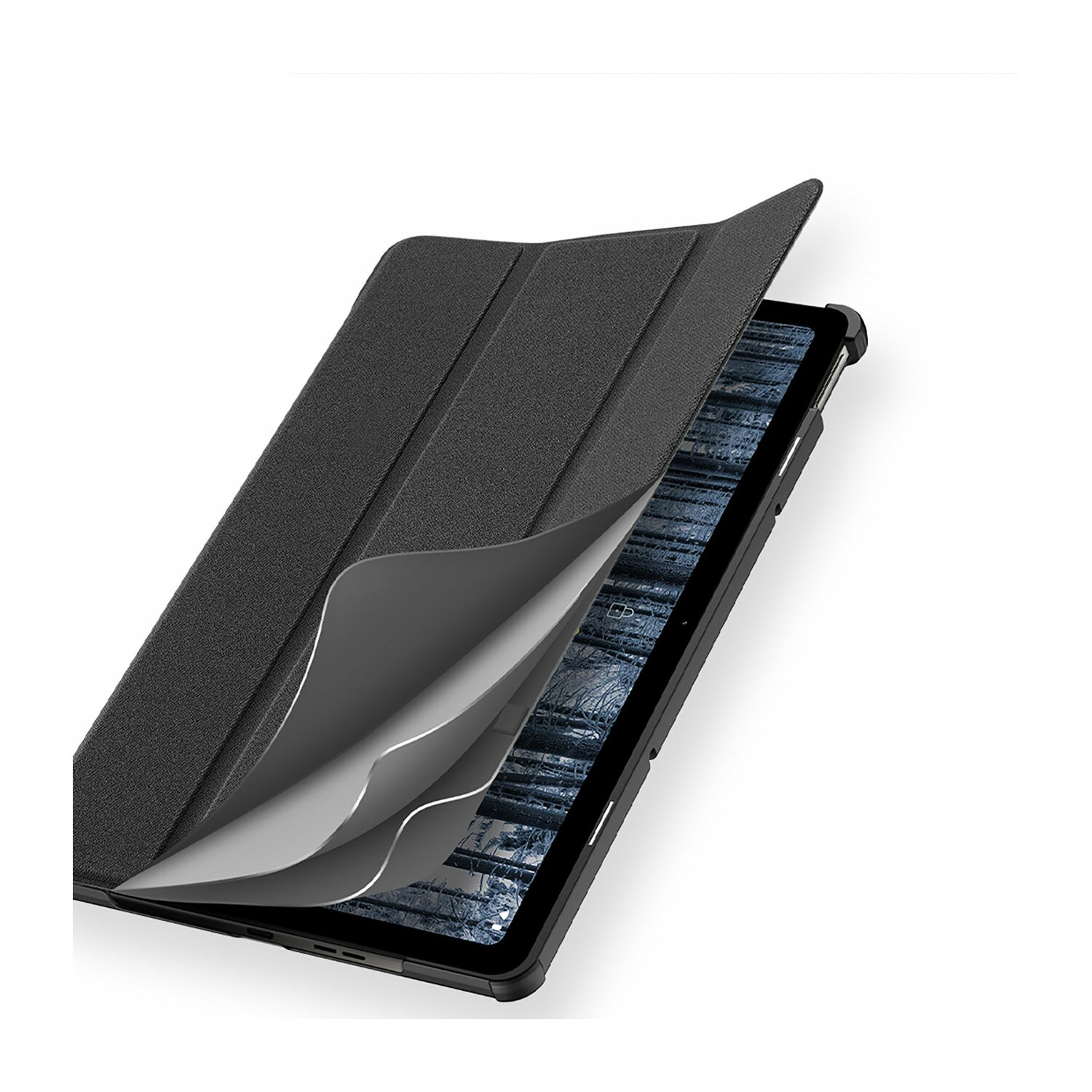Schwarze Tablethülle, teilweise geöffnet. Das Tablet darin zeigend. Die Hülle ist strukturiert.