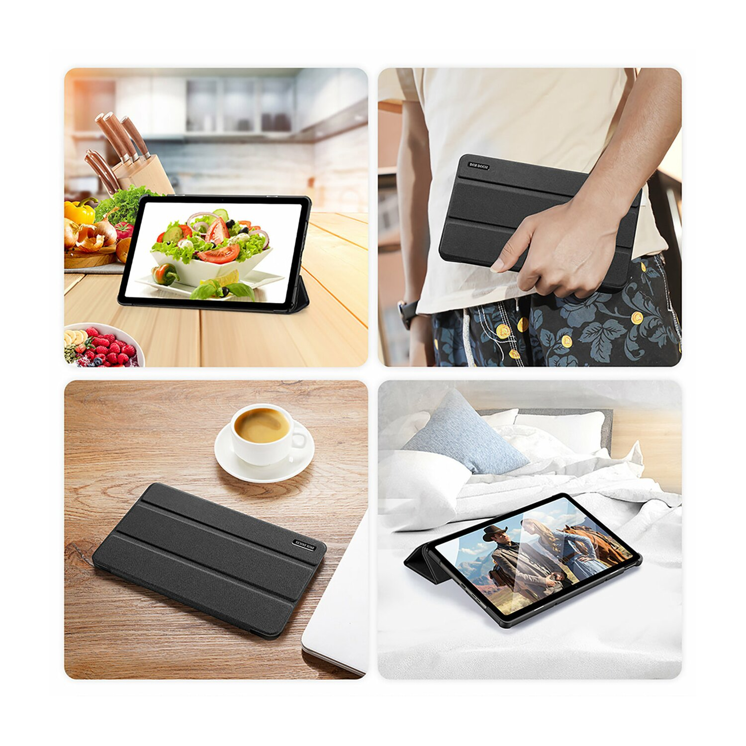 Eine Collage von Bildern, die ein Tablet mit Hülle in verschiedenen Umgebungen und Anwendungen zeigen.