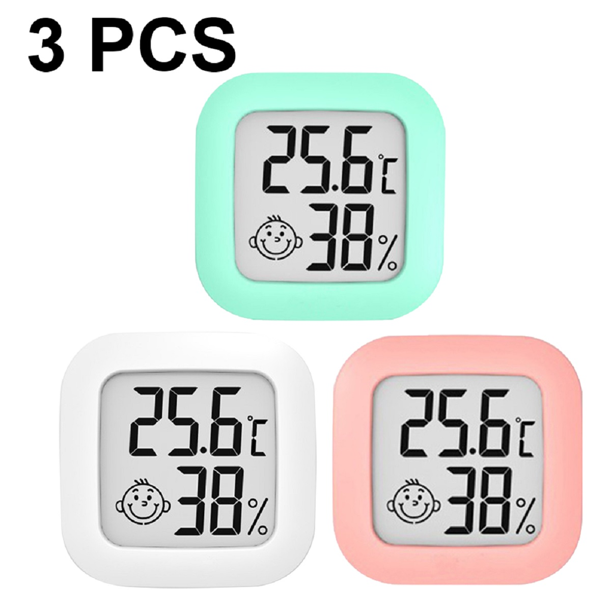 Drei digitale Thermometer in Mint, Weiß und Rosa, die Temperatur und Luftfeuchtigkeit anzeigen.
