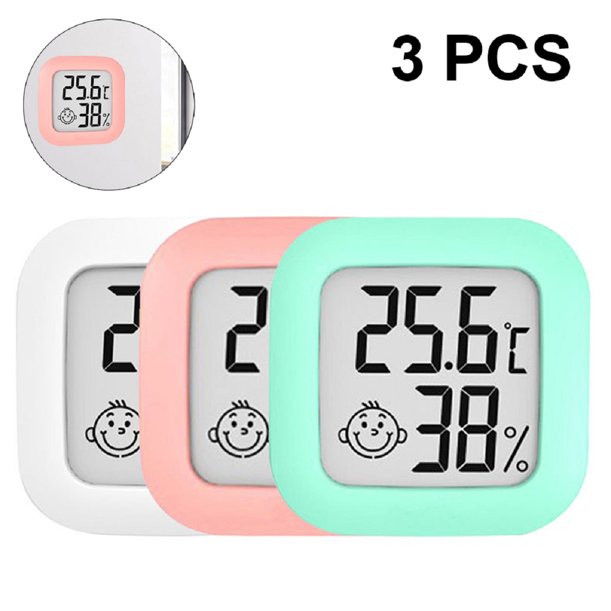 Drei digitale Thermometer, jedes mit einem Smiley, zeigen Temperatur und Luftfeuchtigkeit an.