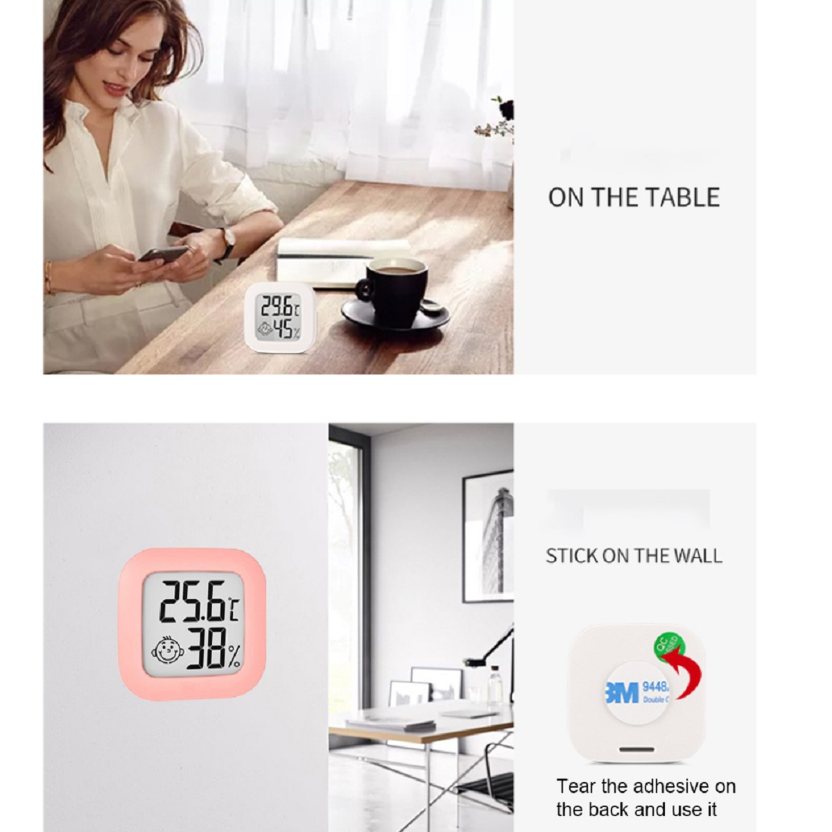 Bilder eines digitalen Thermometers. Eines auf einem Tisch mit einer Kaffeetasse, eines an der Wand.