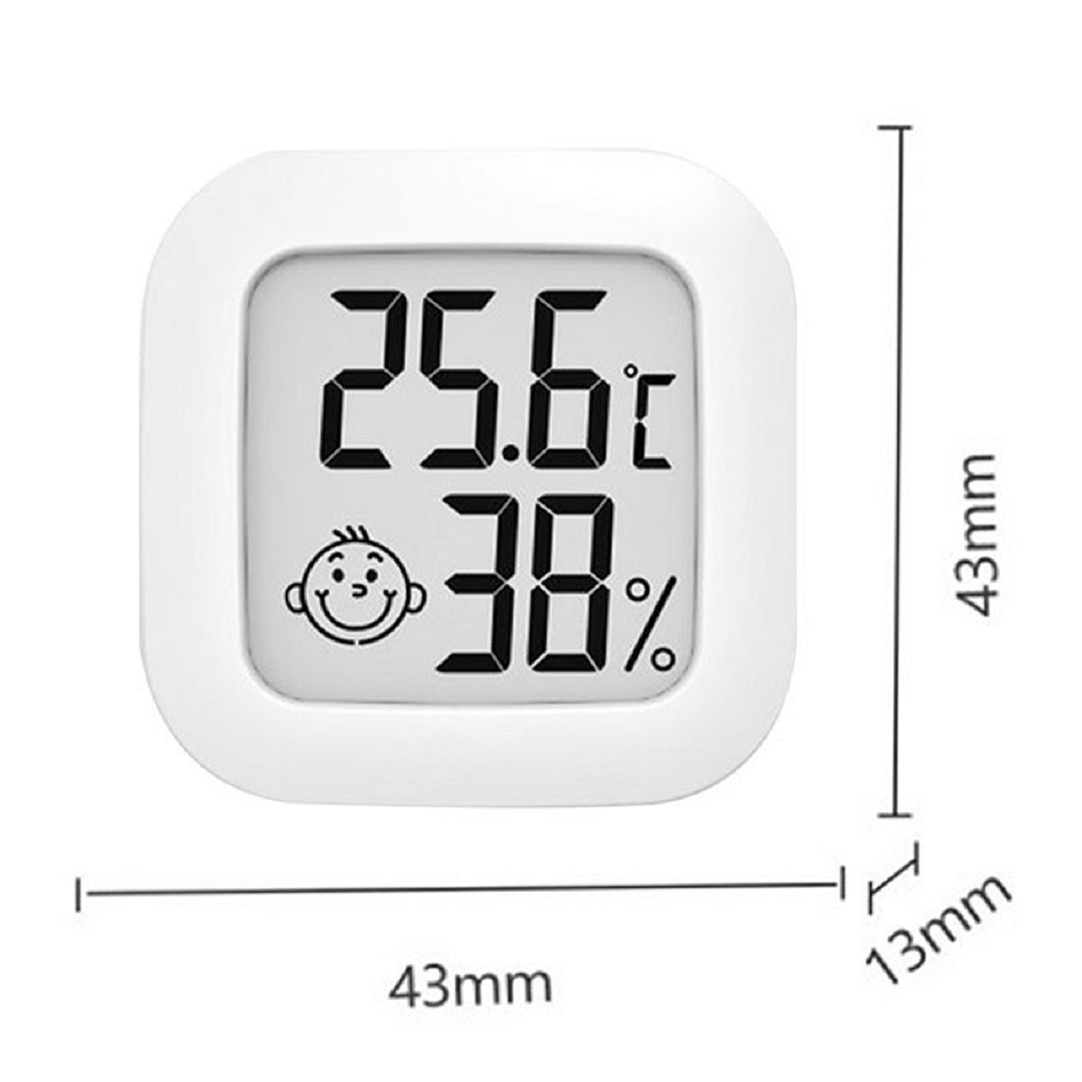 Weißes digitales Thermometer mit Anzeige von 25,6 Grad Celsius und 38 %. Weißer Hintergrund.