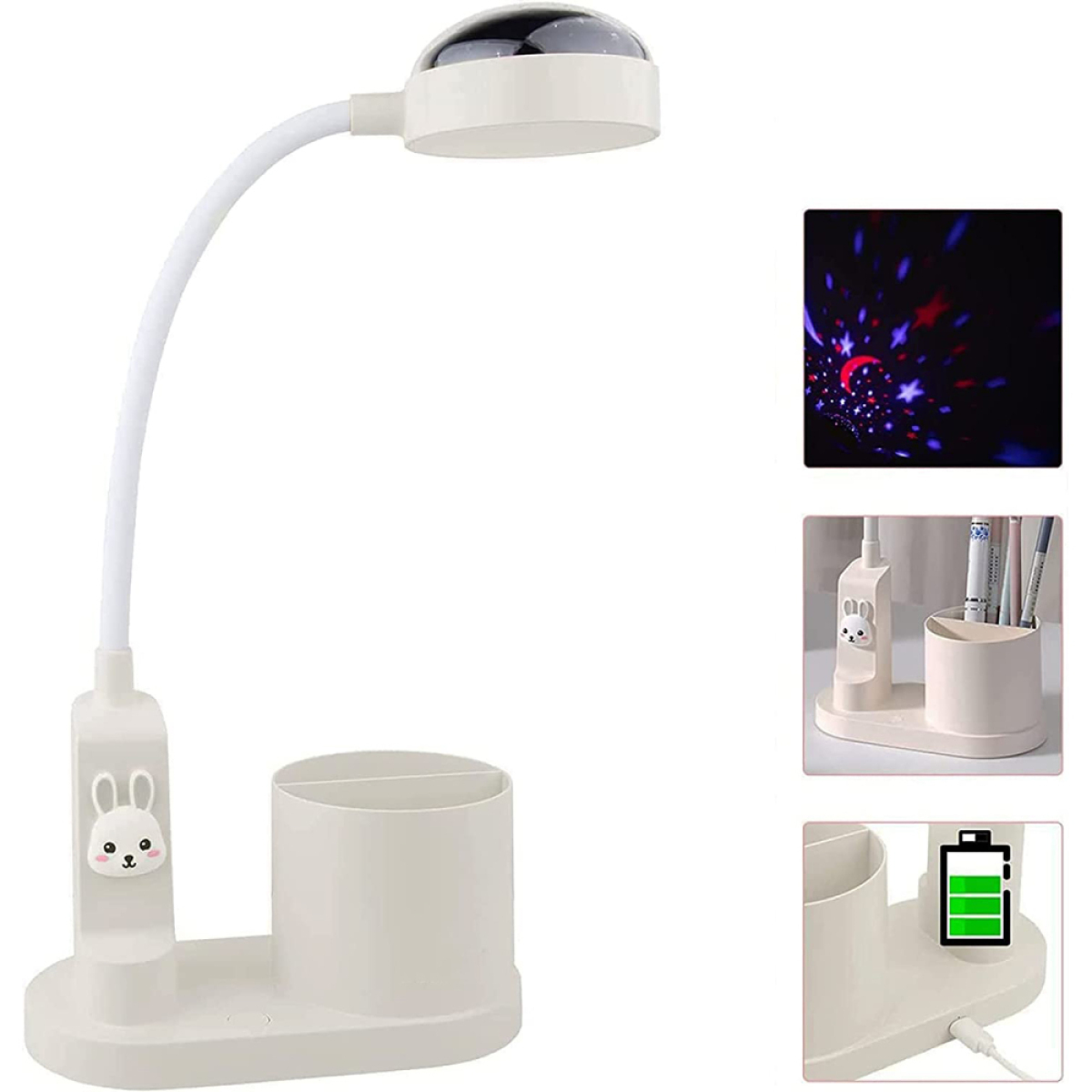 Weiße Schreibtischlampe mit Hase, Stifthaltern und Sternennacht-Projektion.