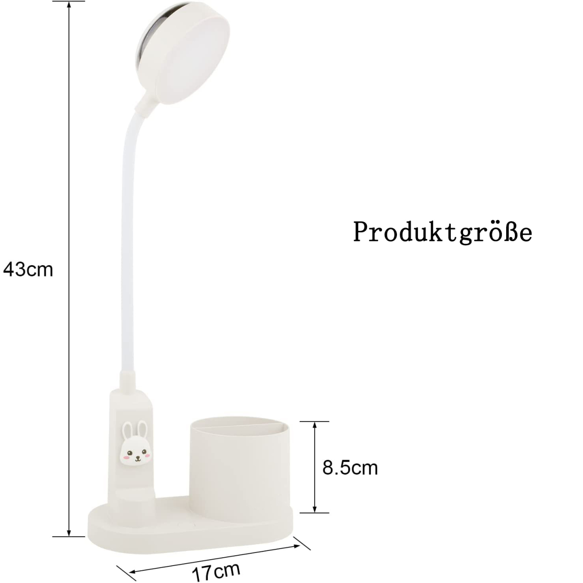 Eine weiße Lampe mit hasenförmiger Basis, einem Stifthalter und Höhenmessung.