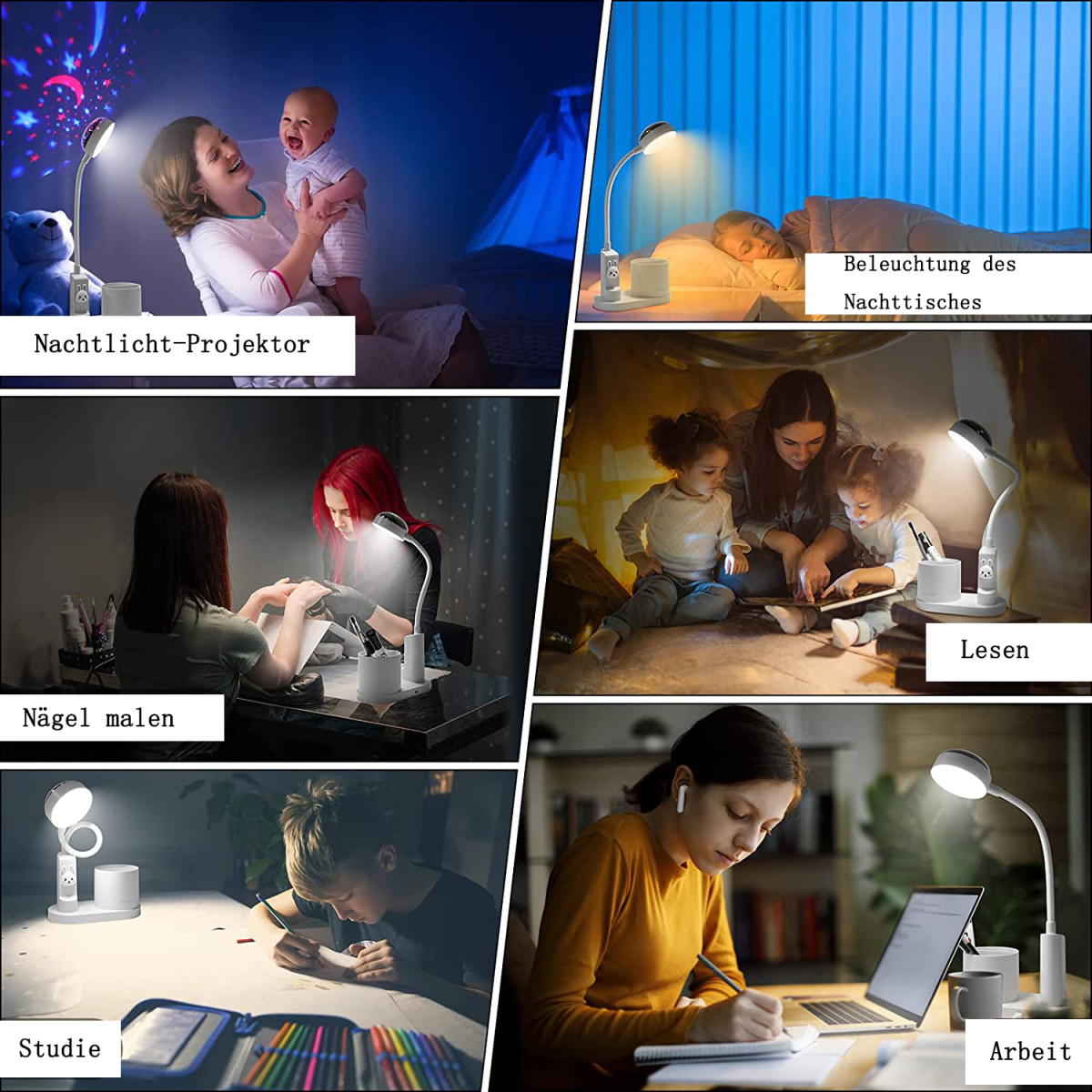 Mehrere Bilder, die verschiedene Verwendungen einer Schreibtischlampe zeigen.