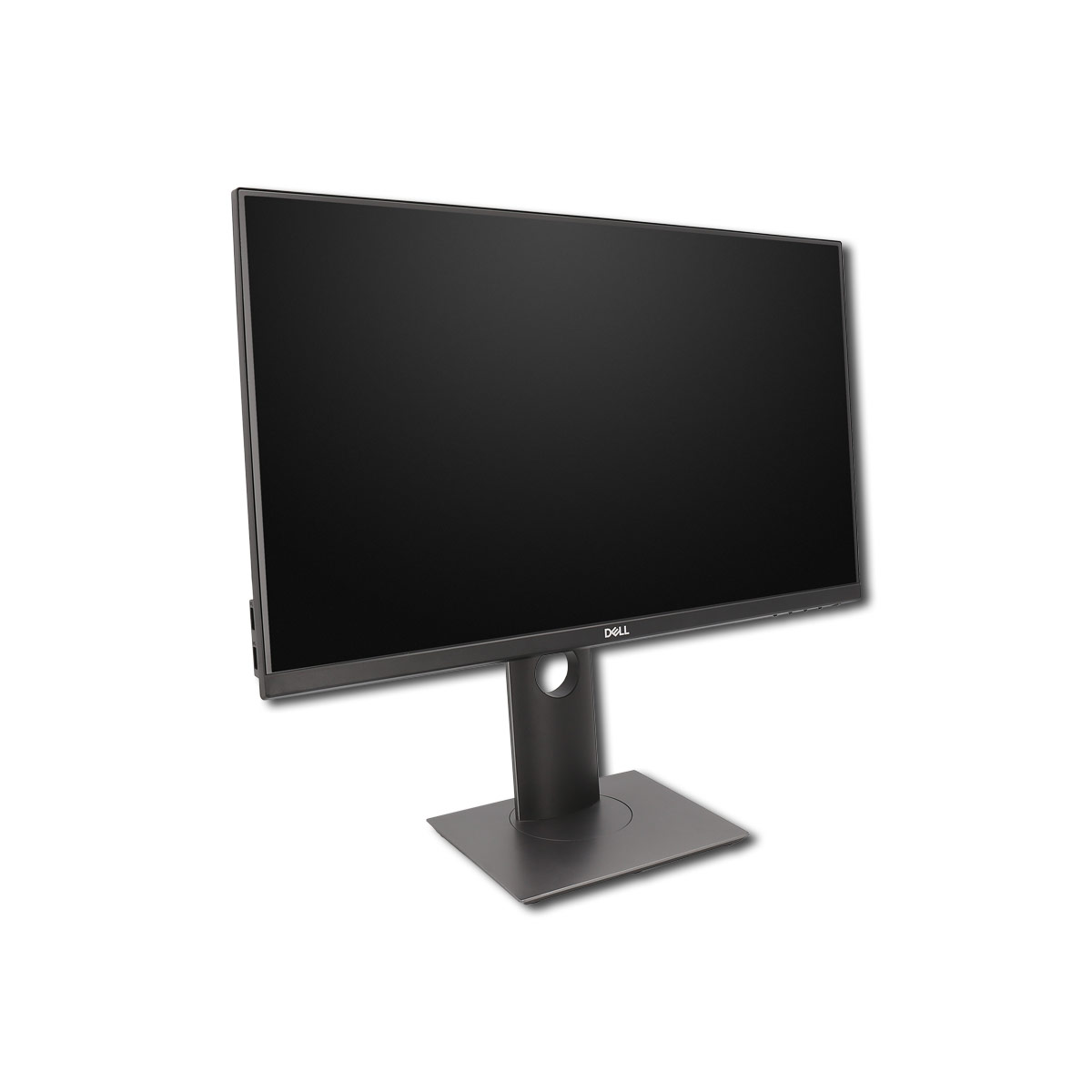 Ein Dell Monitor steht auf schwarzem Sockel. Der Bildschirm ist schwarz, der Rahmen dunkel. Isoliert.