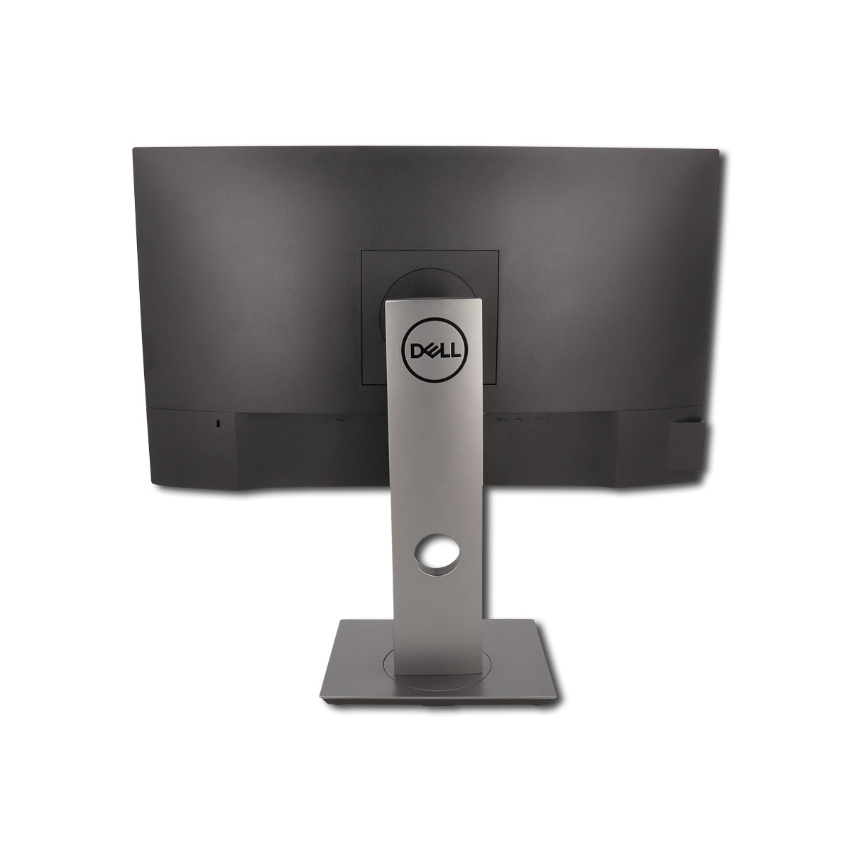 Rückansicht eines Dell-Monitors mit silbernem Ständer und schwarzem Bildschirm, auf weißem Hintergrund.
