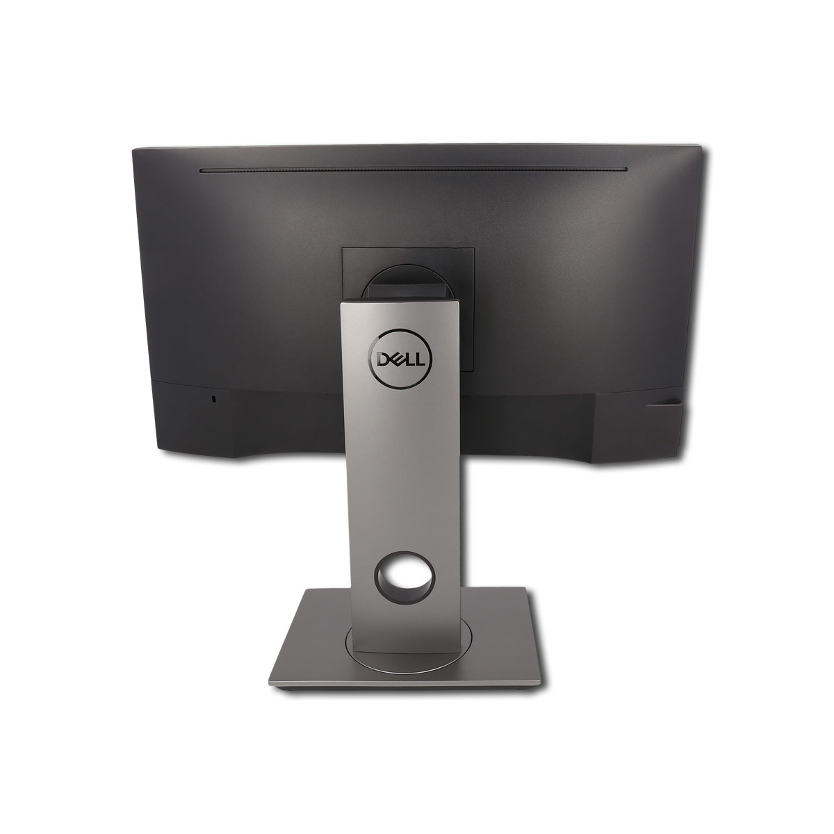 Rückseite eines schwarzen und silbernen Computermonitors. Der Ständer hat ein Dell-Logo und eine kreisförmige Öffnung.