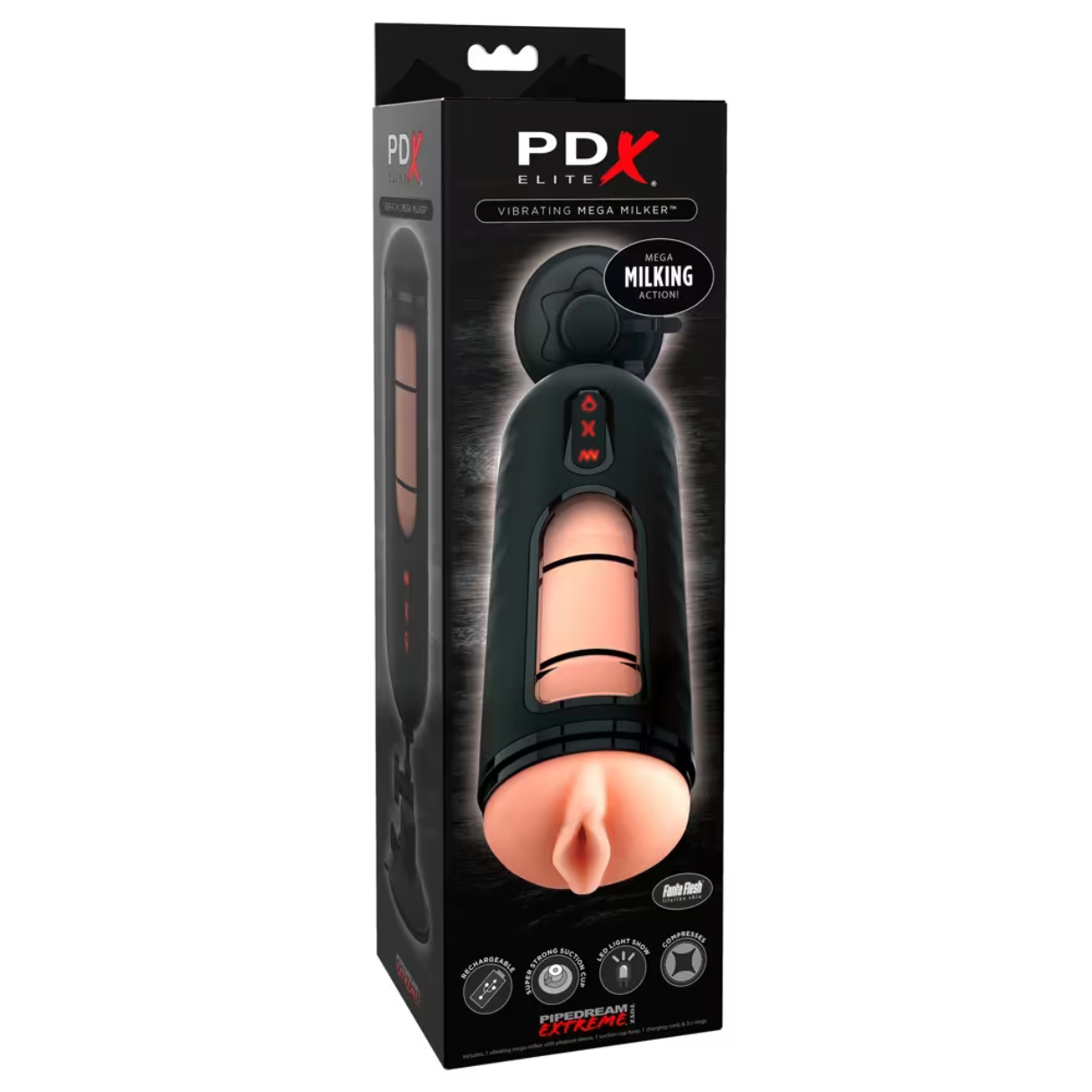 Schwarzes Sexspielzeug in einer Box. Es ist schwarz, mit einem rosa Innenteil.